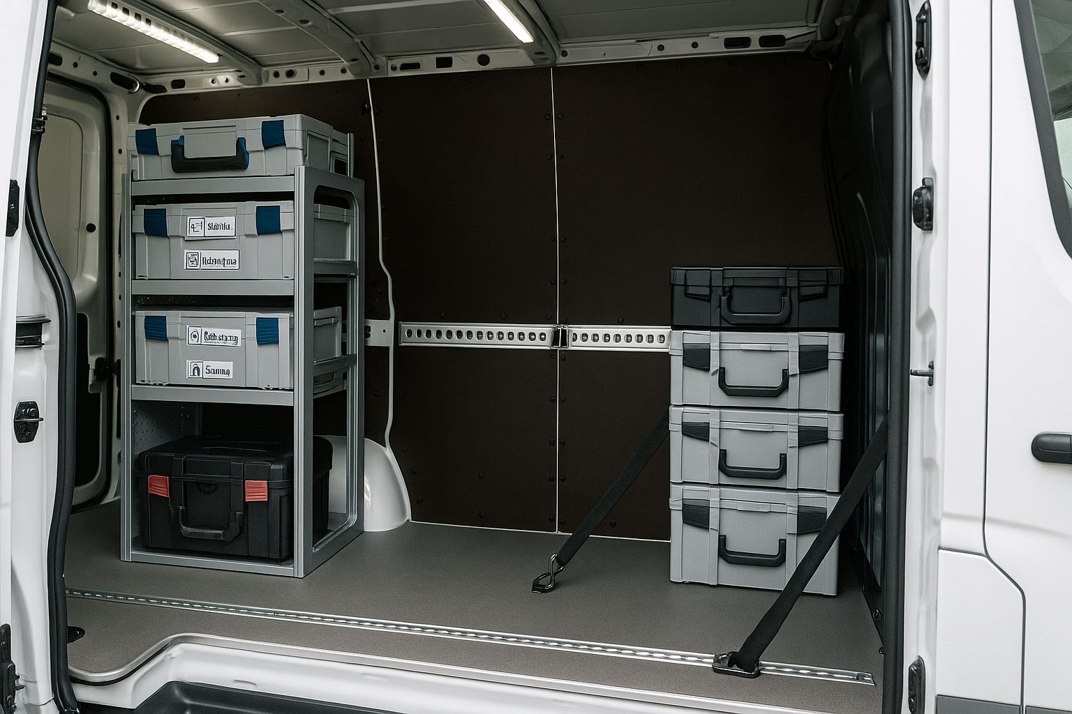 Beispielhafter Fahrzeugausbau mit Regalen, Systemkoffern und Zurrschienen