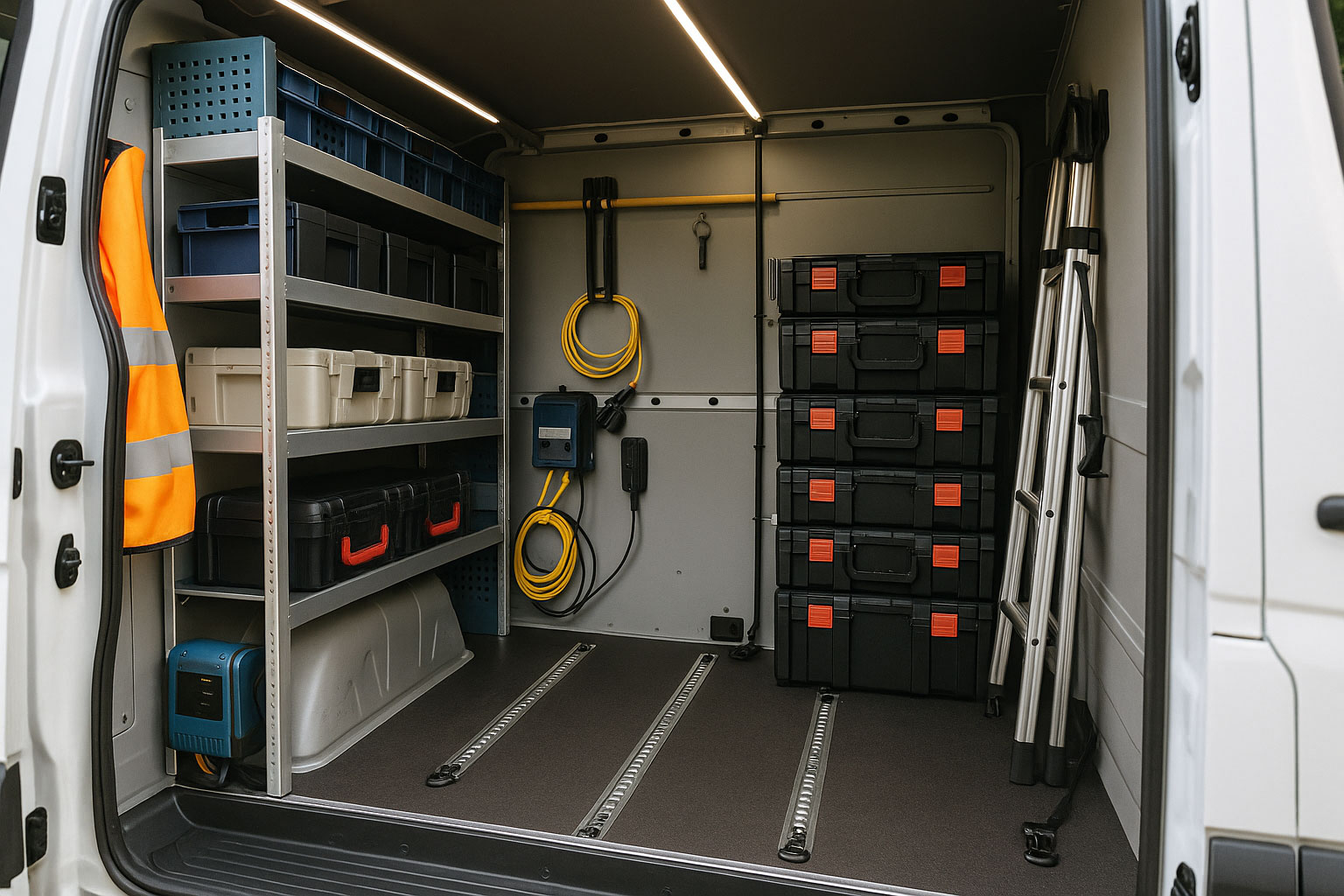 Innenansicht eines Kastenwagens mit beidseitigen Regalsystemen, Werkzeugkoffern und Stromversorgung