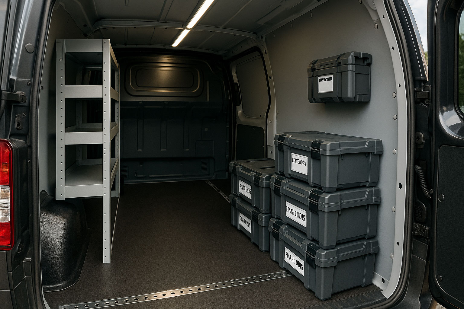 Innenausbau eines Kompakt-Transporters mit Regalen, LED-Leiste und modularen Koffersystemen