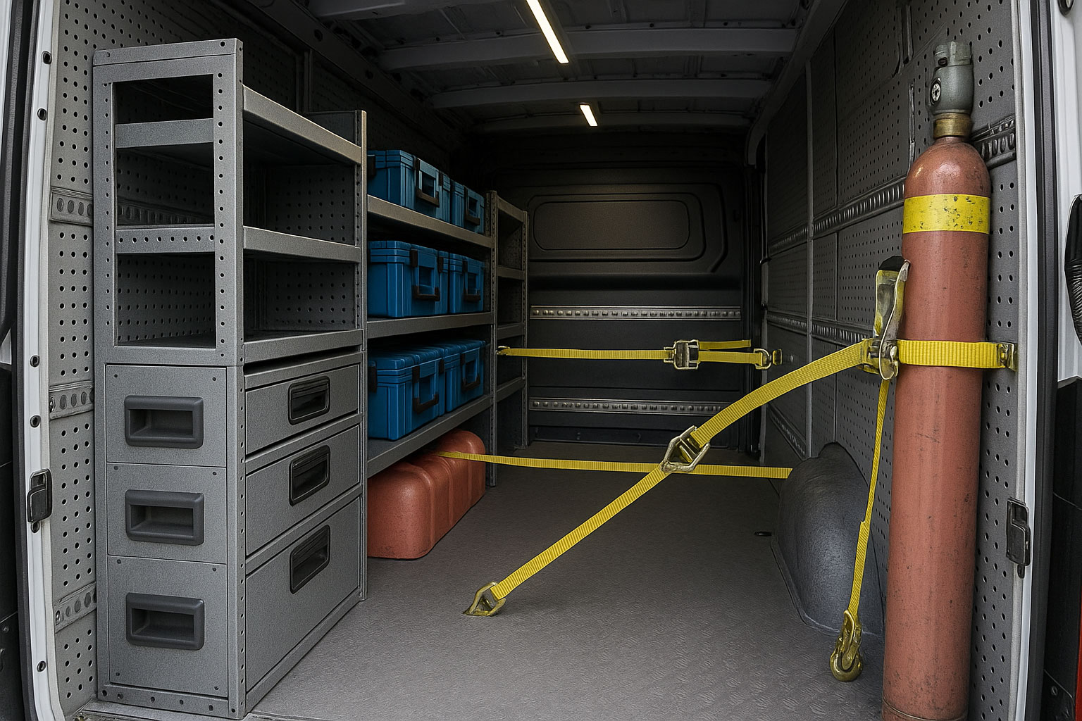 Innenraum eines LKW-Werkstattfahrzeugs mit großen Regalsystemen und Schwerlast-Zurrgurten