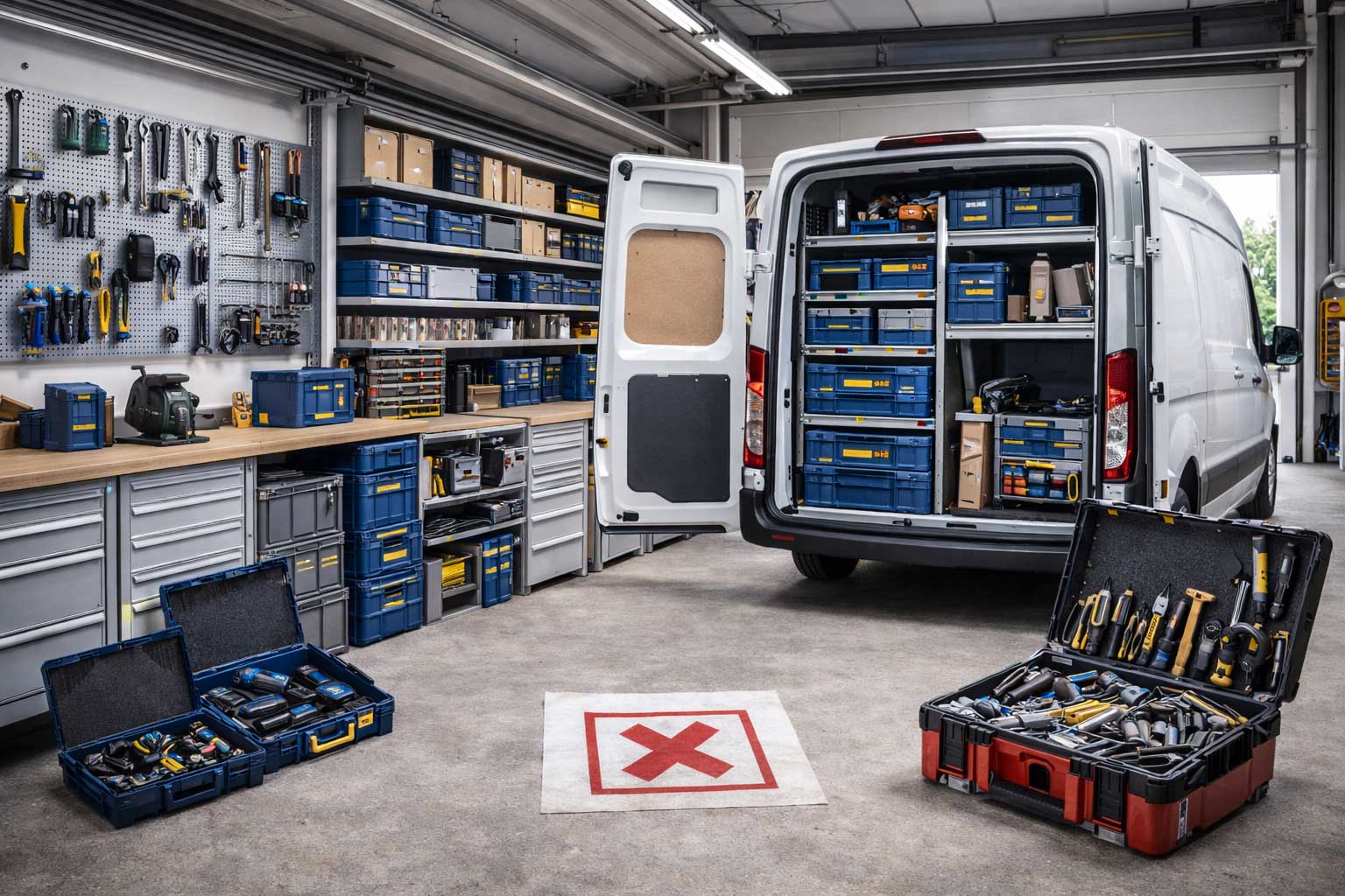 Gut organisierte Werkstatt und Servicefahrzeug mit Ordnungssystem