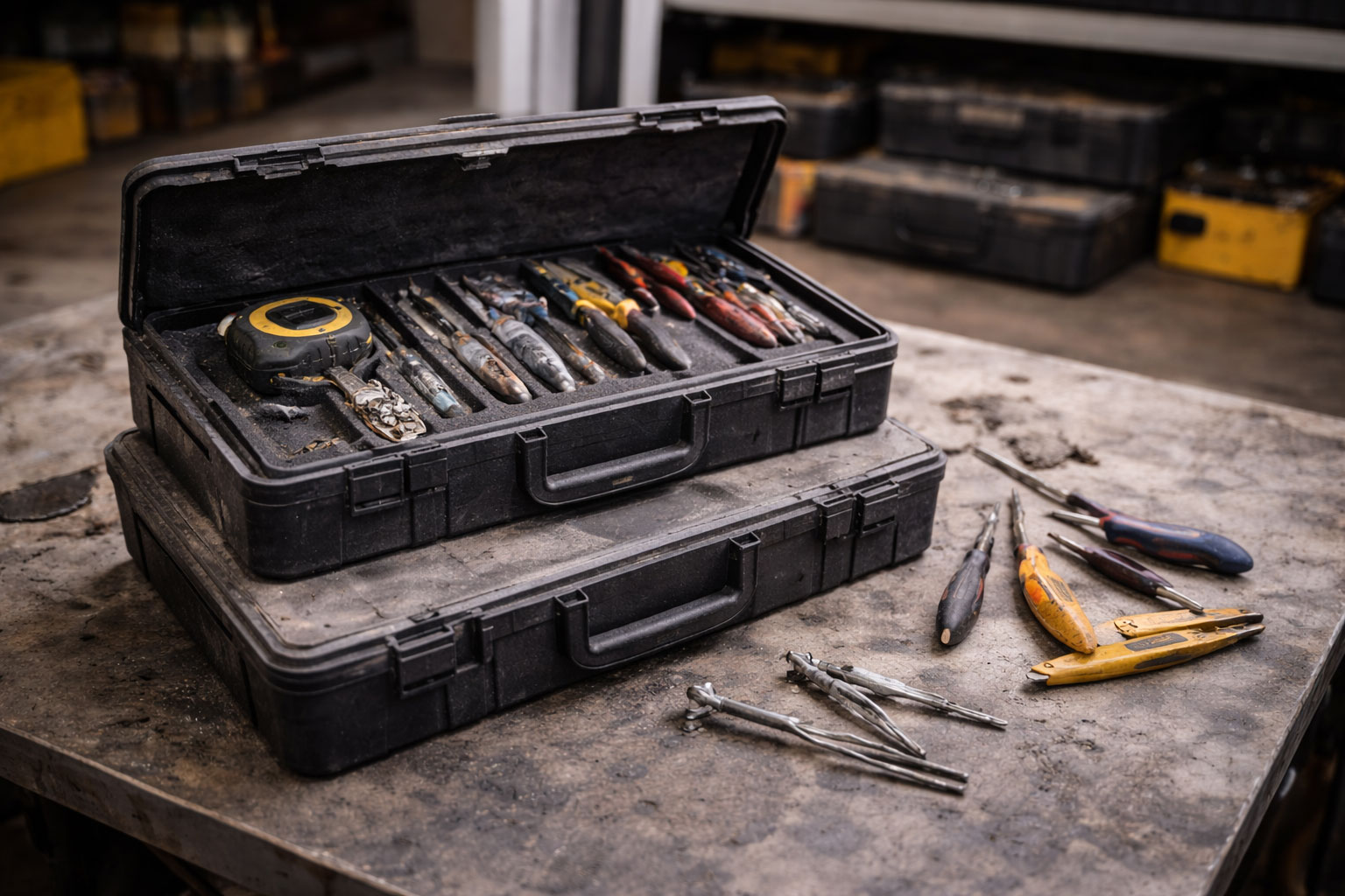 Gebrauchter Werkzeugkoffer auf Werkbank im echten Arbeitsalltag, Werkzeuge sichtbar genutzt, ruhige Werkstattstimmung