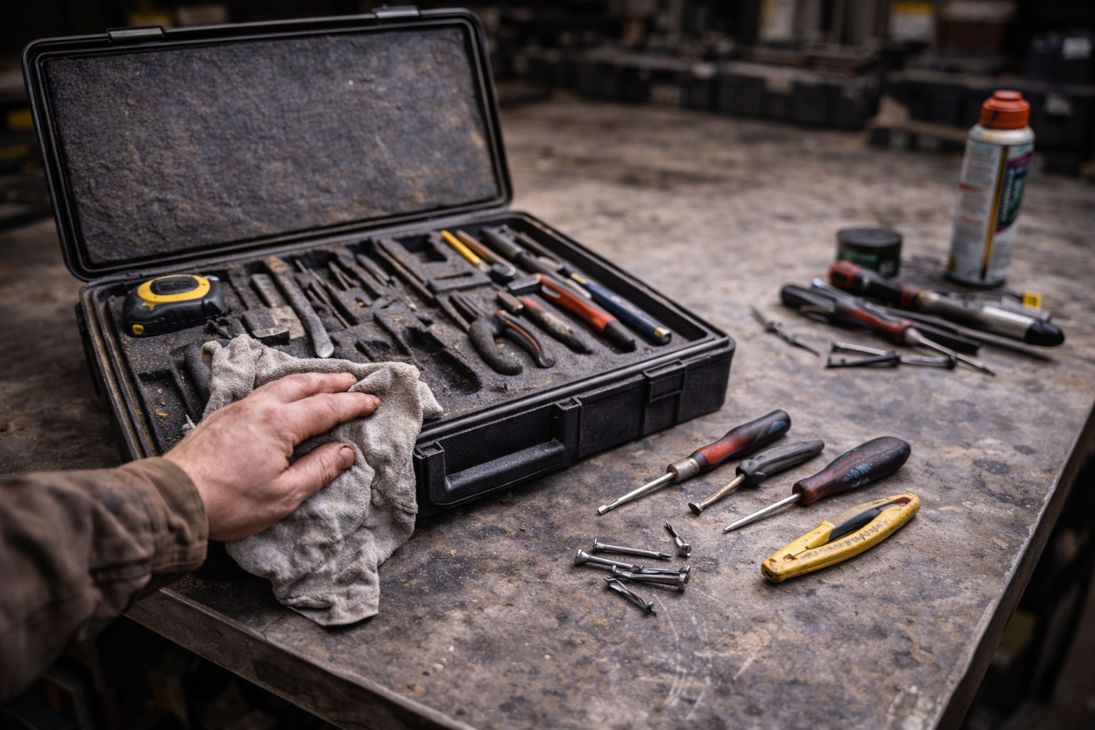 Werkzeugkoffer während eines kurzen Pflege-Checks mit Tuch und wenigen entnommenen Werkzeugen, realistisch nach Feierabend
