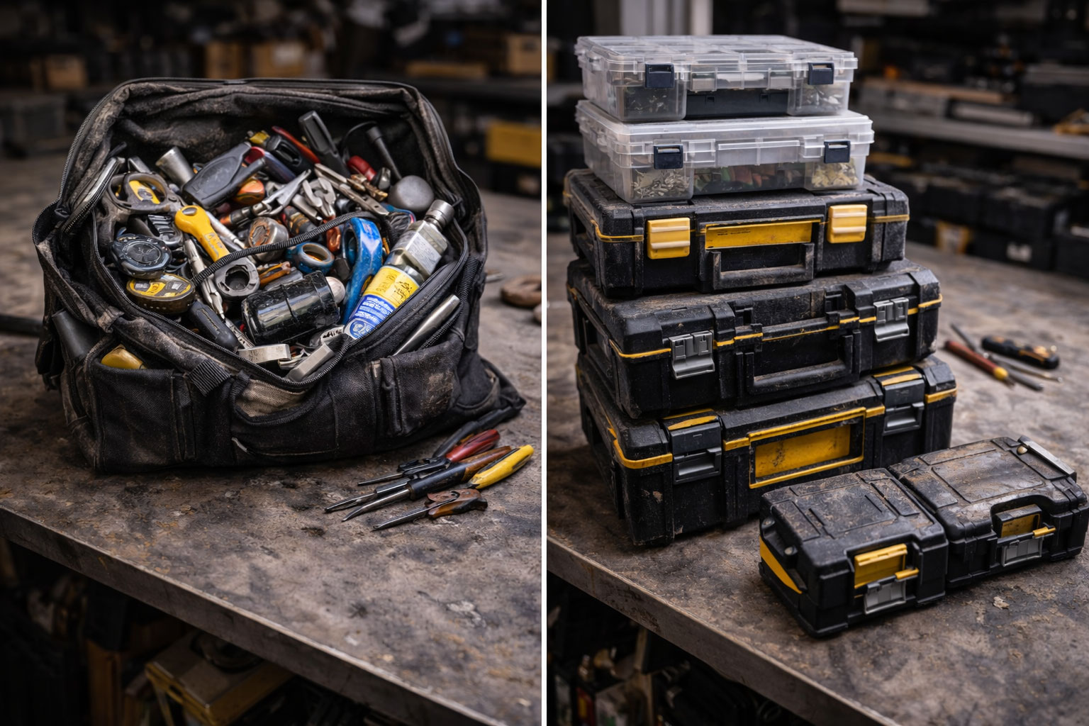 Mehrere modulare Koffer und Boxen im Einsatz, sichtbar genutzt, zeigt Moduldenken statt einem überfüllten All-in-One-Koffer