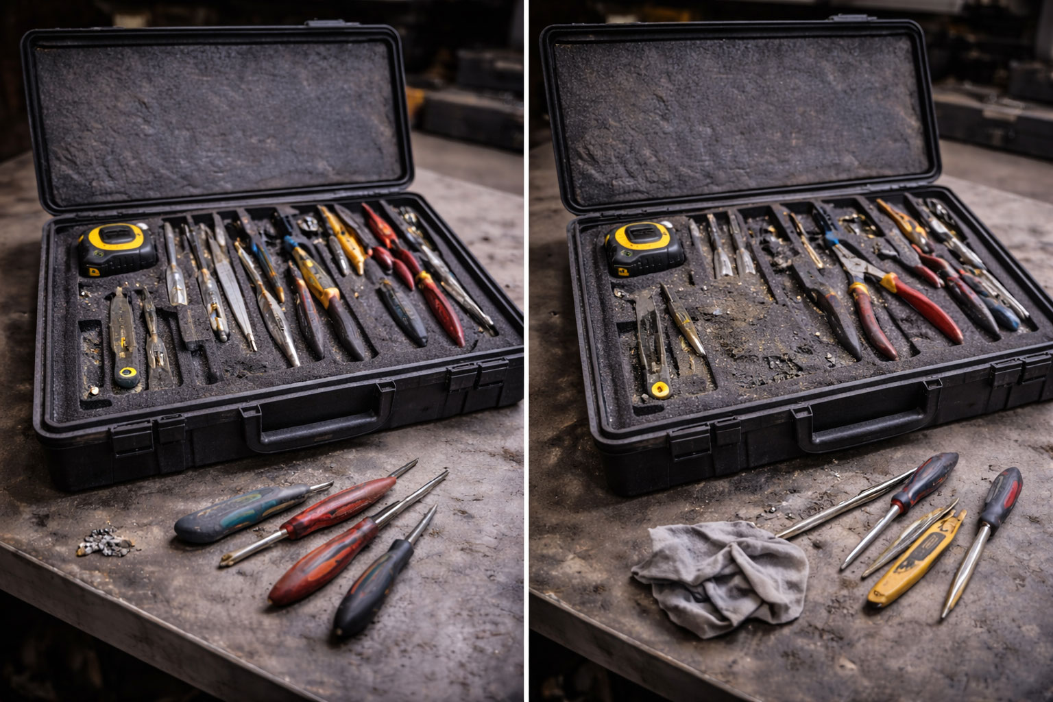 Werkzeugkoffer nach mehreren Einsätzen, leicht verschoben und genutzt, zeigt den Unterschied zwischen perfekter Ordnung und Arbeitsalltag