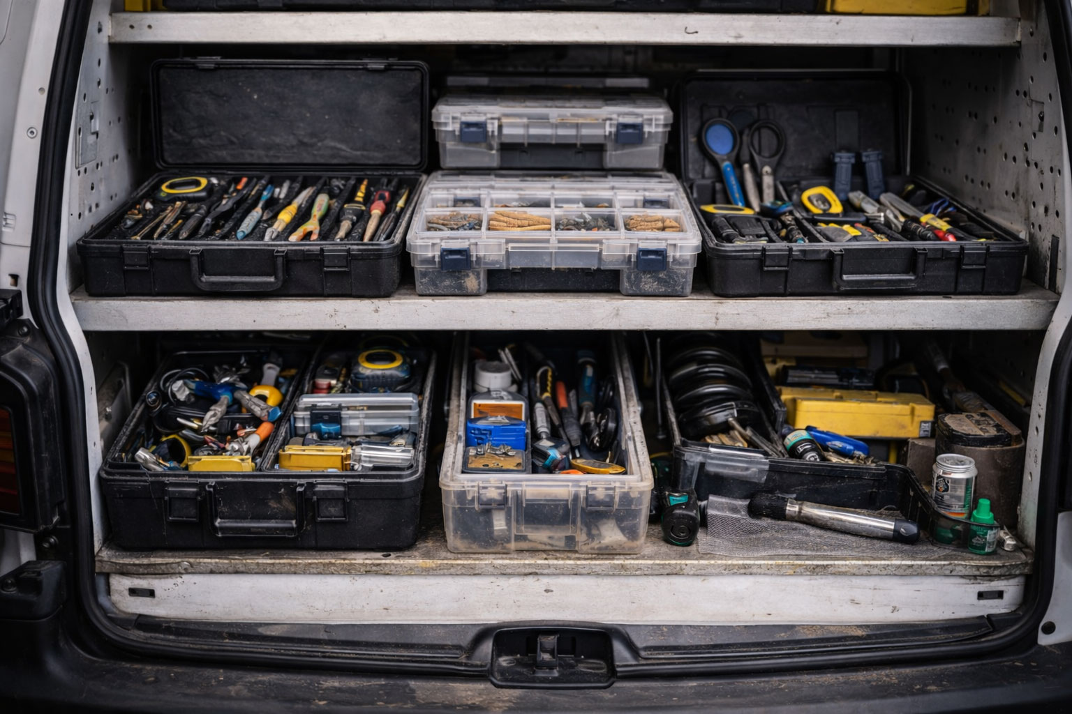 Arbeitsbereich mit klar getrennten Zonen für Werkzeug, Material und Elektro, ohne Labels, realistisch genutzt