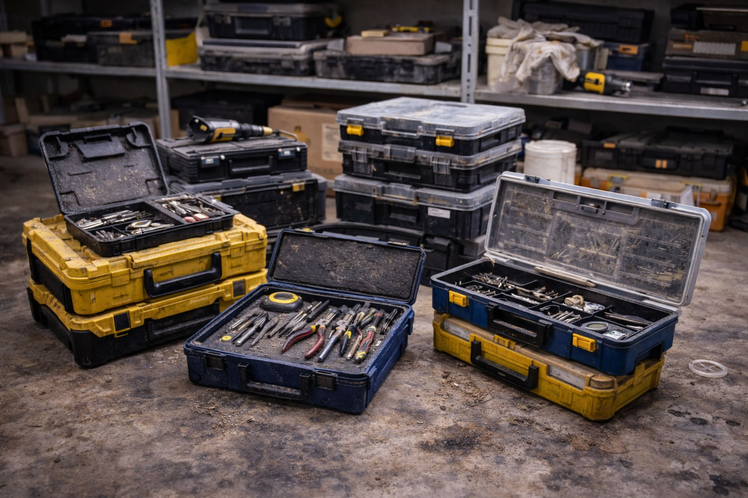 Mehrere modulare Werkzeugkoffer und Boxen im Einsatz, sichtbar genutzt