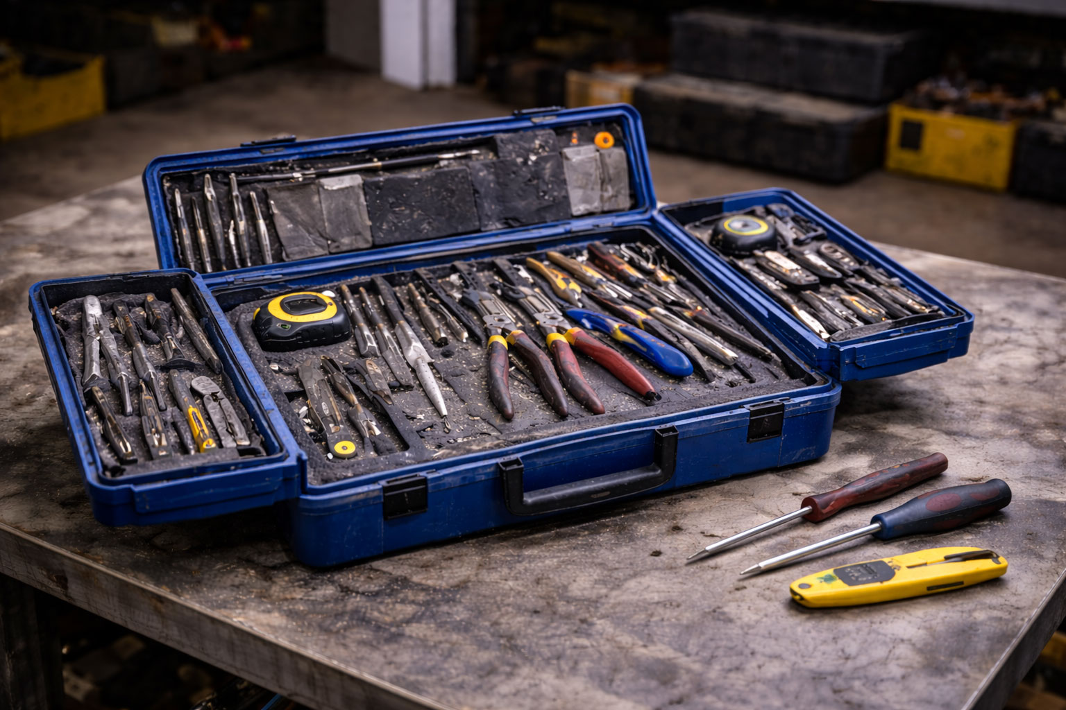 Werkzeugkoffer nach mehreren Einsätzen, sichtbar genutzt und leicht verschoben