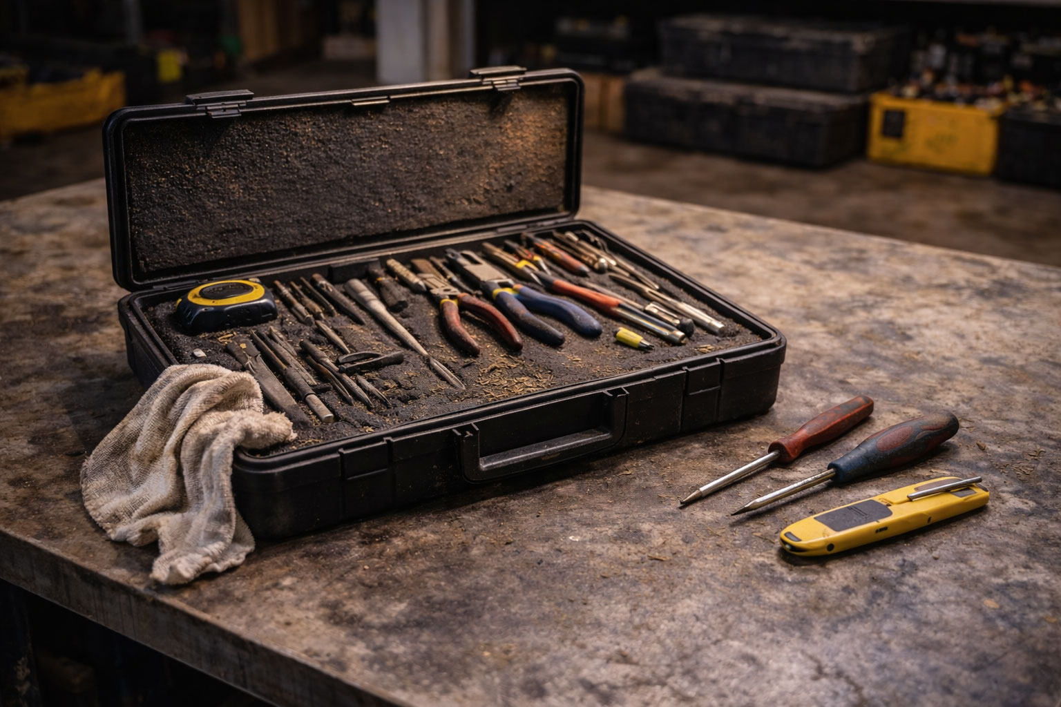 Werkzeugkoffer bei kurzem Pflege-Check nach Feierabend, Tuch und wenige entnommene Werkzeuge