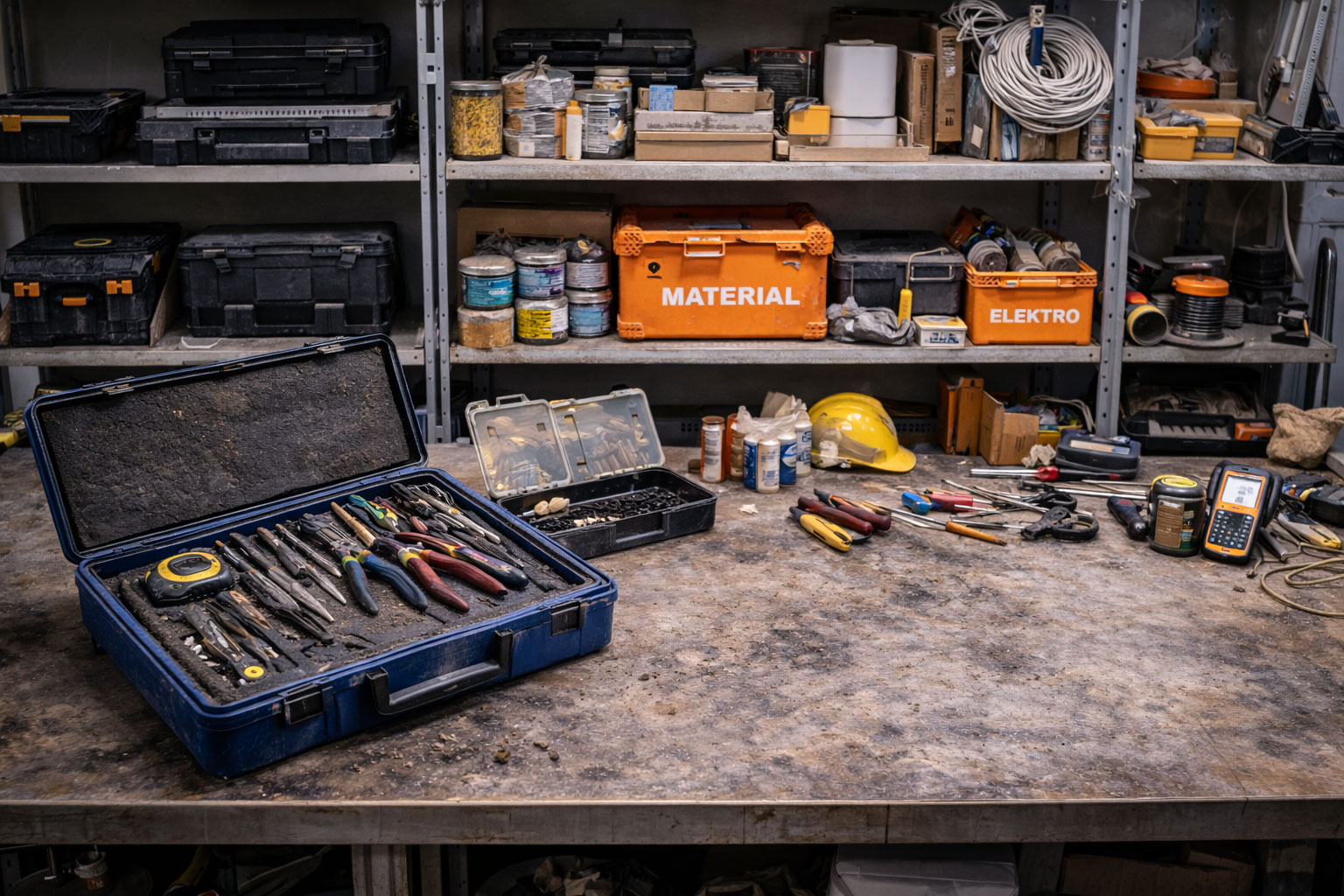 Arbeitsbereich mit klar getrennten Zonen für Werkzeug, Material und Elektro, realistisch genutzt