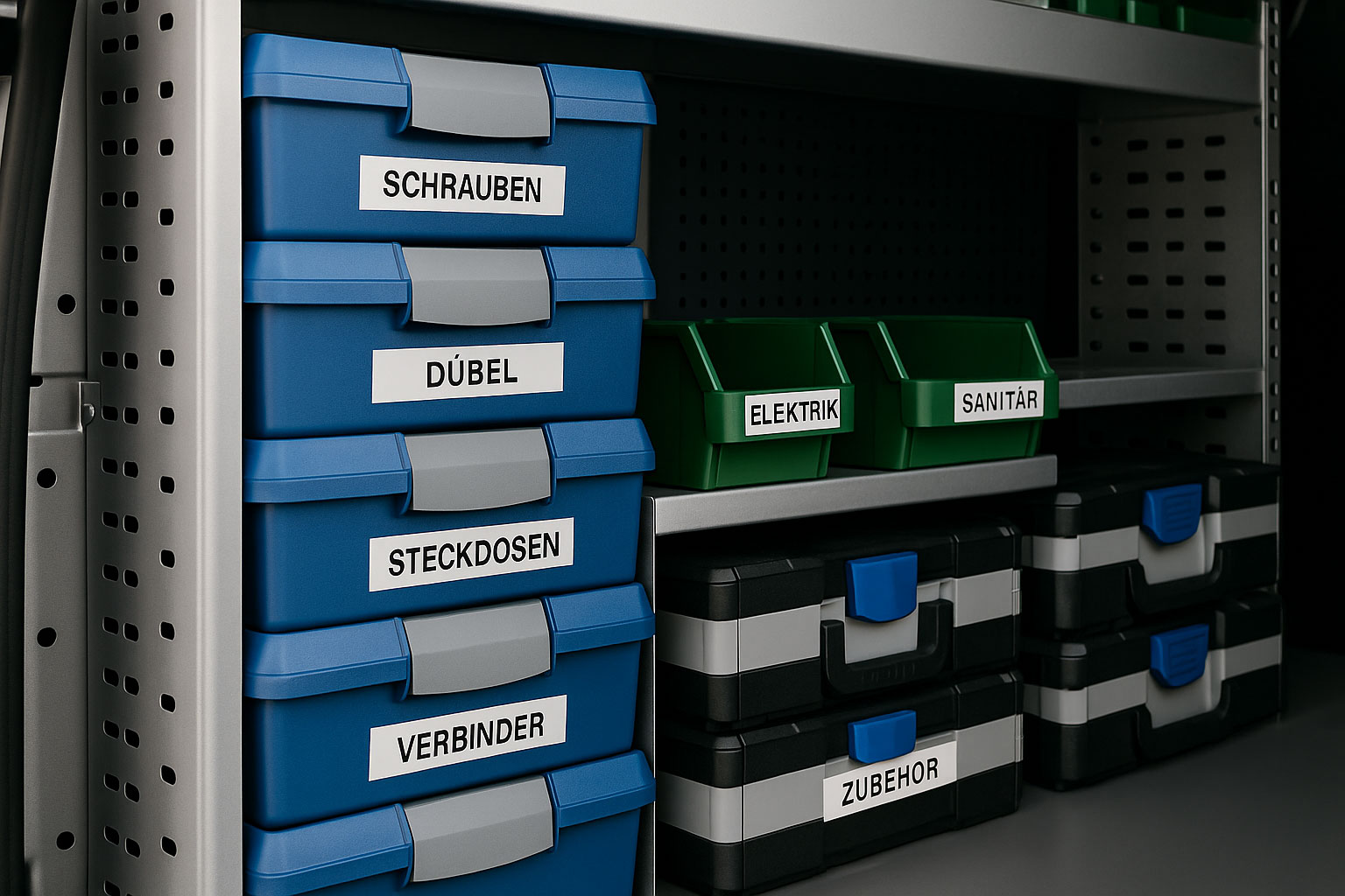 Beschriftete Boxen, Sortimentskästen und Systemkoffer im Transporter