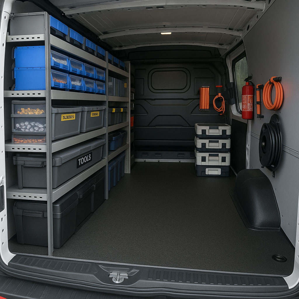 Aufgeräumter, vollständig organisierter Werkstatttransporter mit Regalen und Koffern