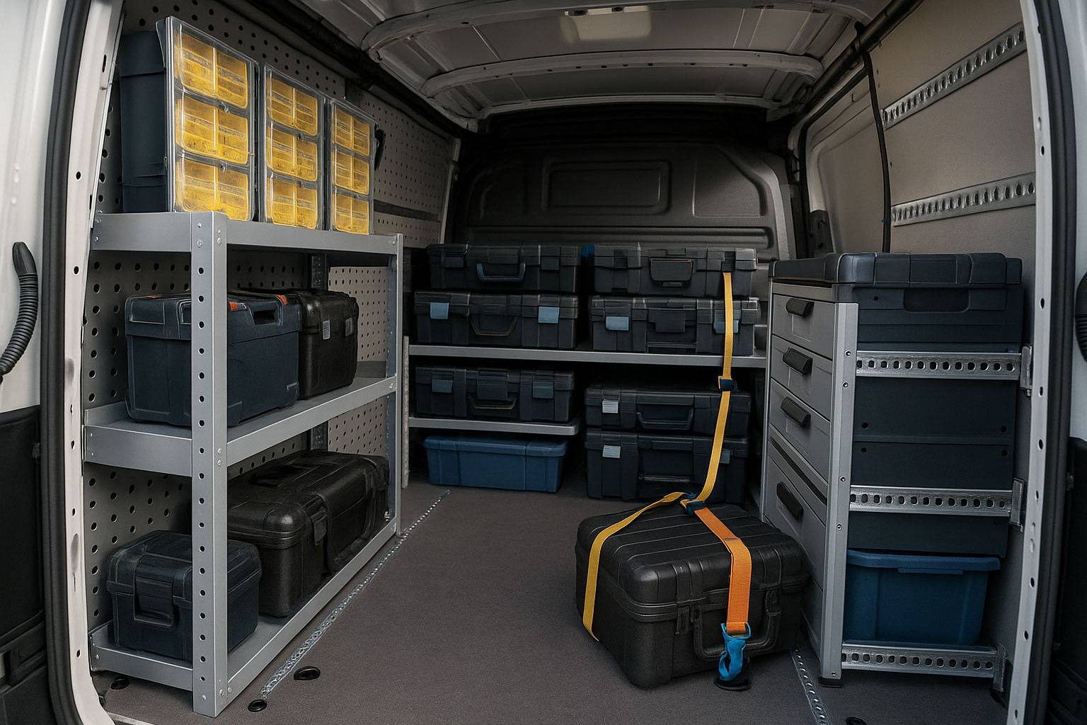 Gut organisierter Transporter mit Regalen, Systemkoffern und gesicherten Modulen