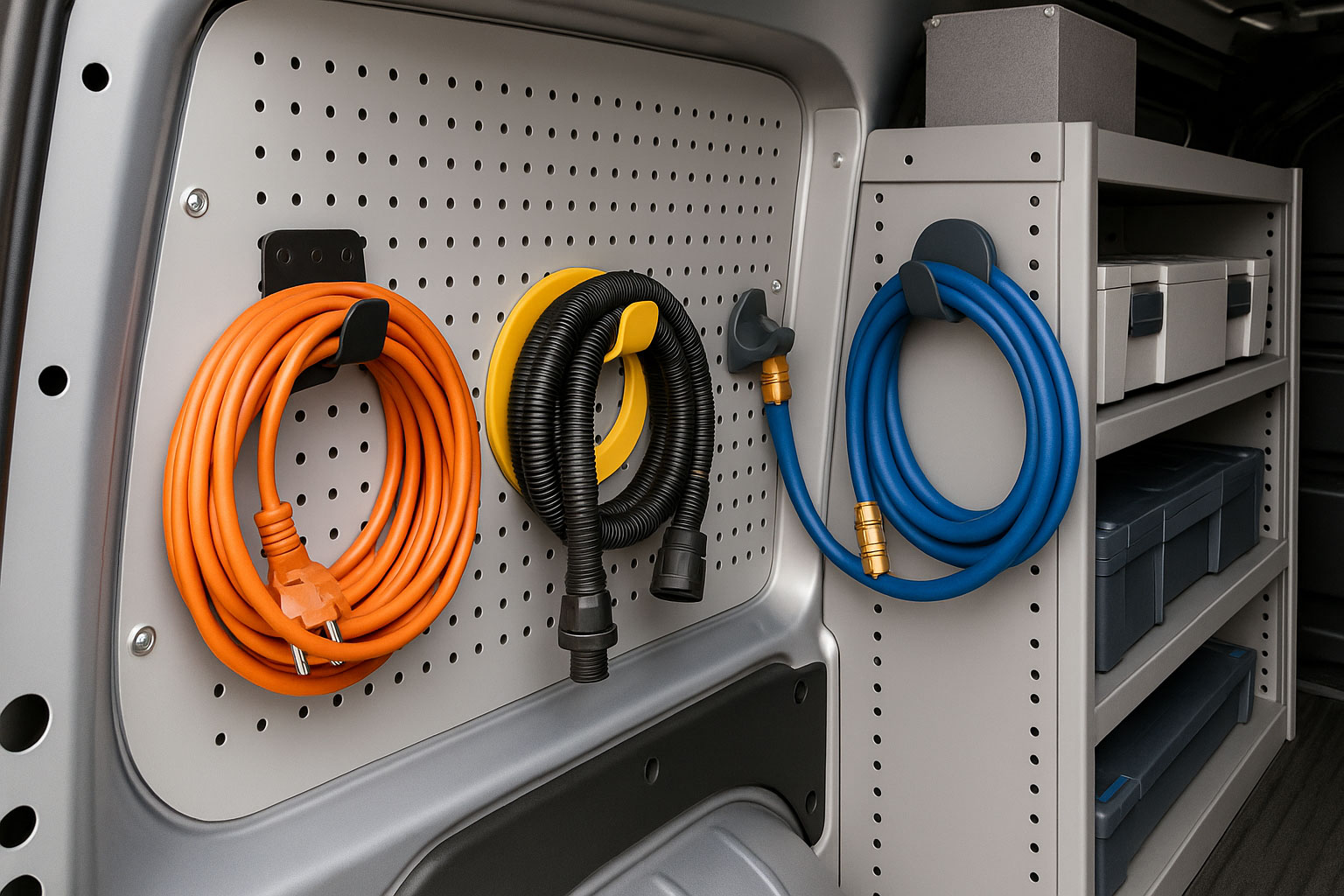 Kabel und Schläuche ordentlich an Haltern im Transporter befestigt