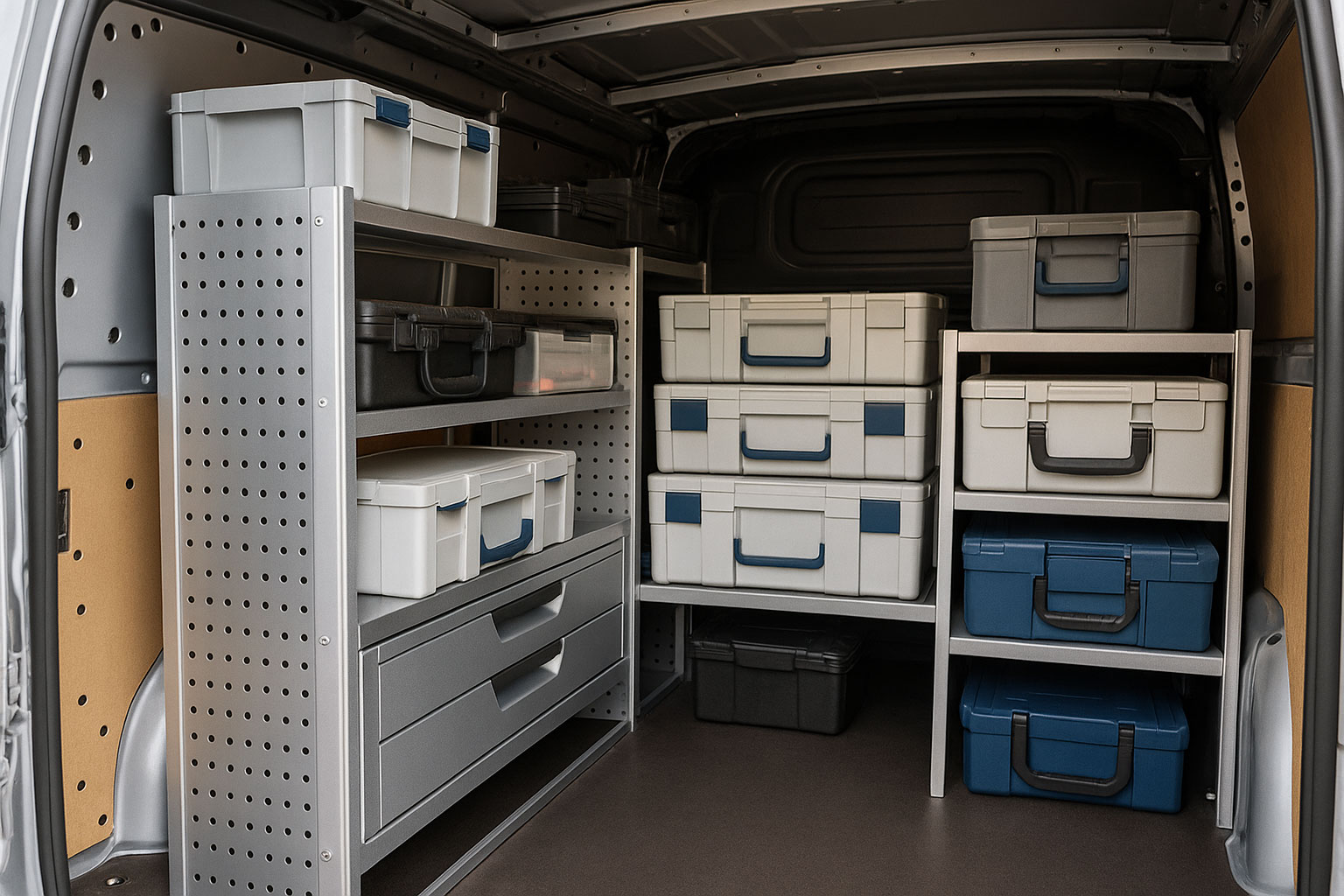 Fahrzeugregale mit Kisten, Koffern und Schubladen in einem Transporter