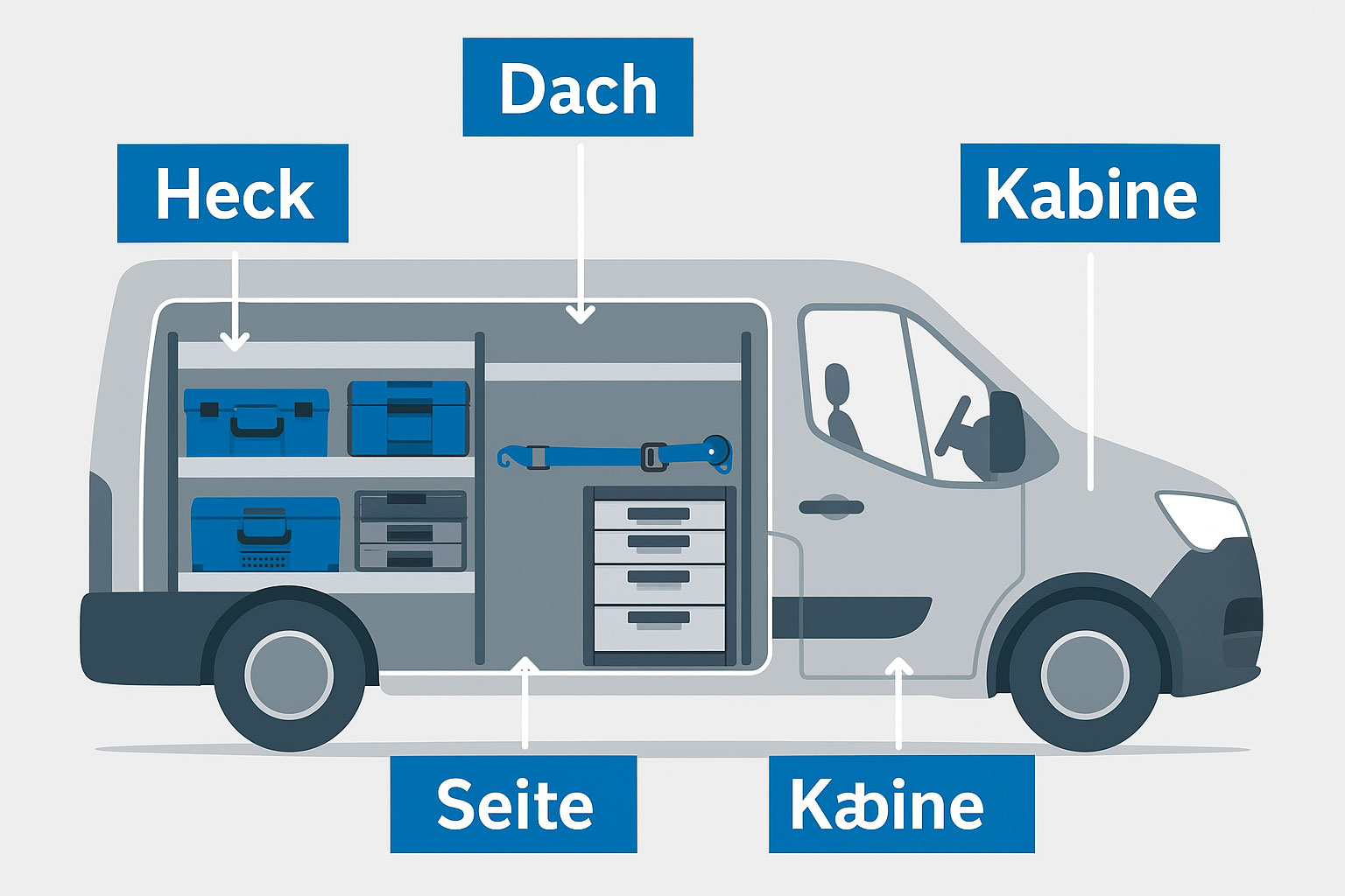 Schema mit verschiedenen Zonen im Transporter: Heckzugang, Seitenmodule, Dach und Zwischenbereich