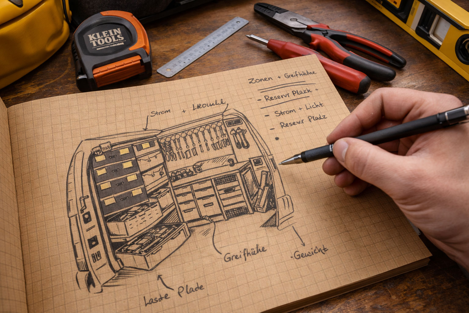 Skizze Planung Fahrzeugausbau mobile Werkstatt