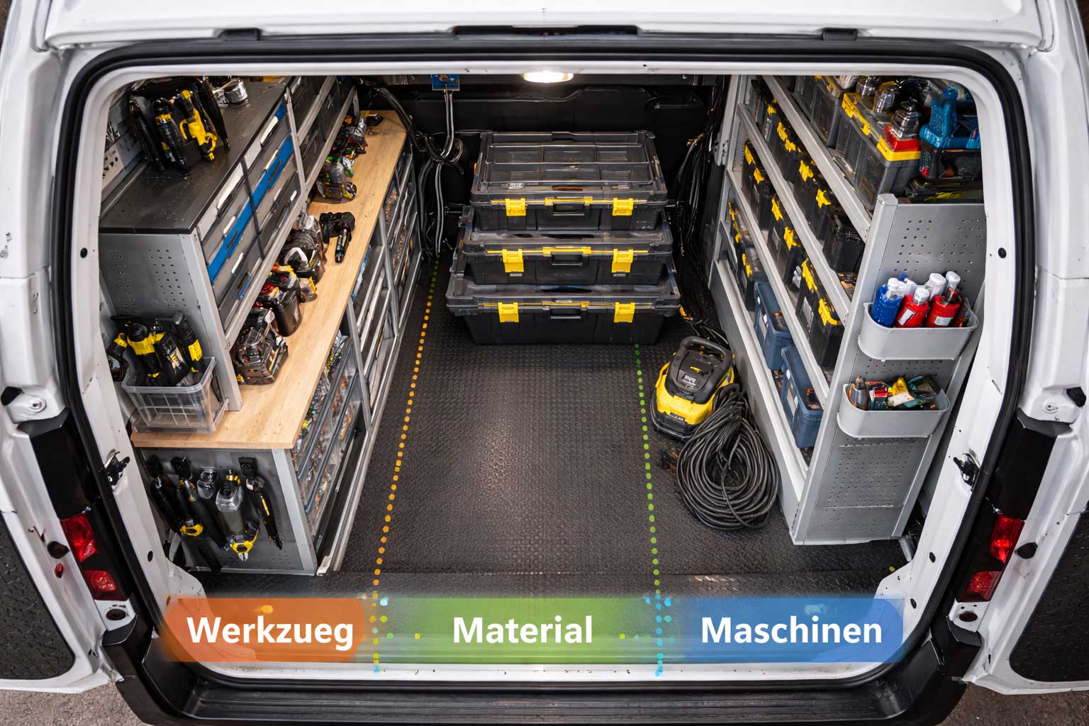Innenraum eines Transporters mit klar zonierter mobiler Werkstatt