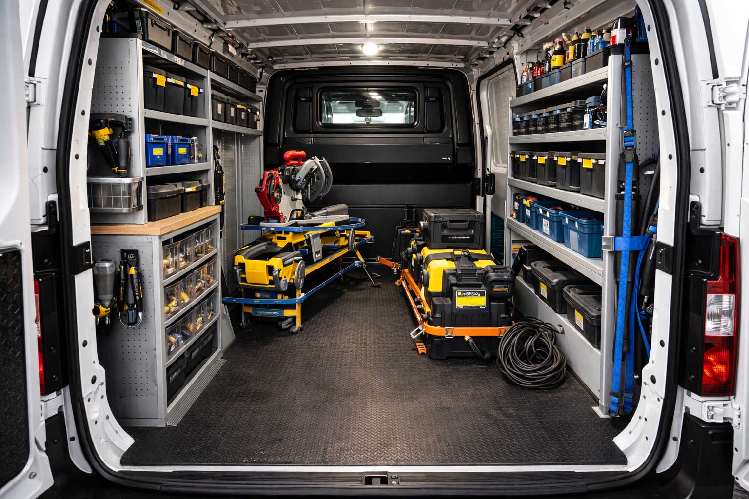 Montage-Transporter mit Maschinen, Regalen und Ladungssicherung