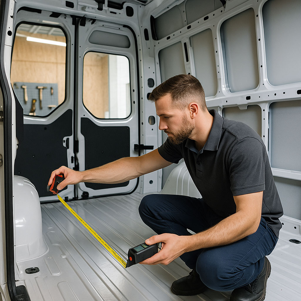 Vermessung des Innenraums zur Planung von Regalen und Modulen.