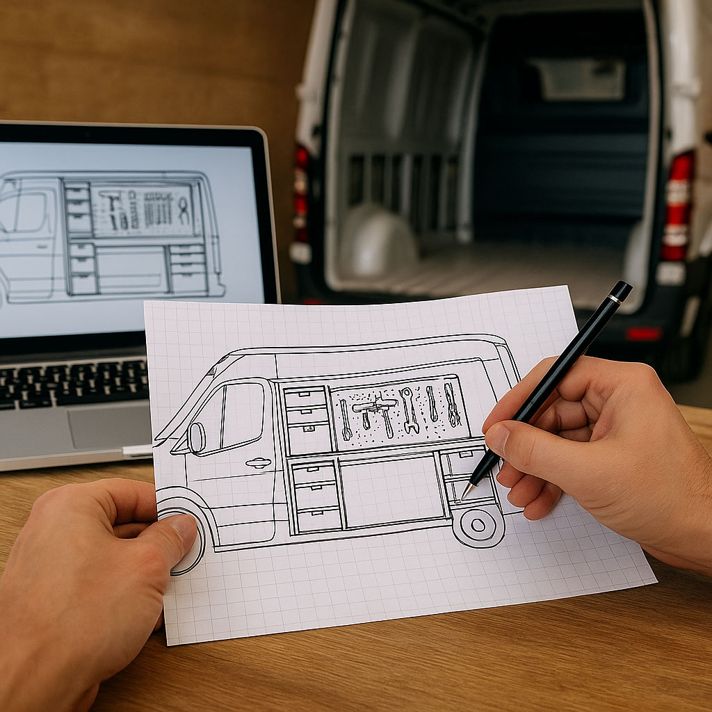 Digitale Skizze einer mobilen Werkstatt mit Modulen und Stromsystem.