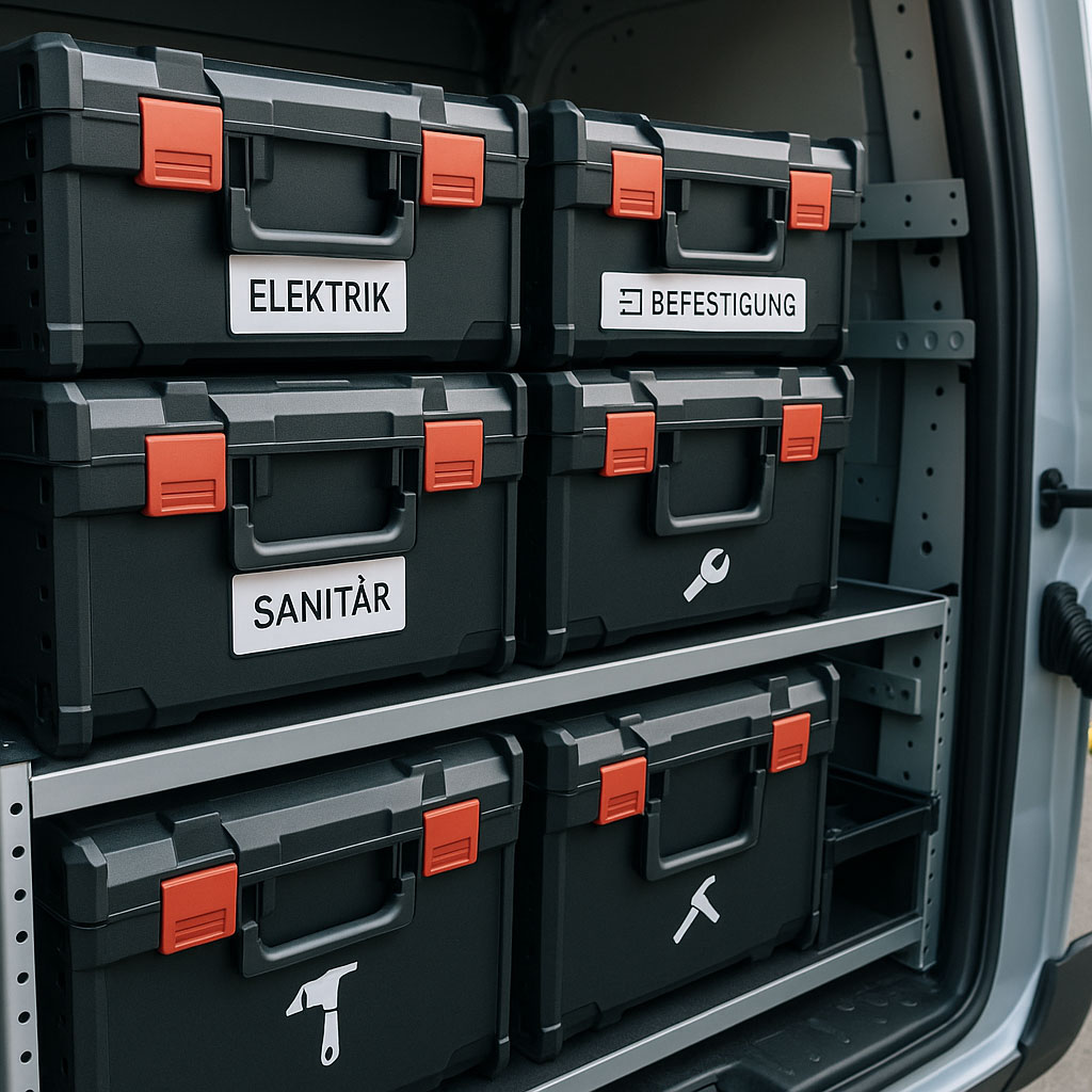 Modulare Koffersysteme mit klarer Beschriftung im Fahrzeug