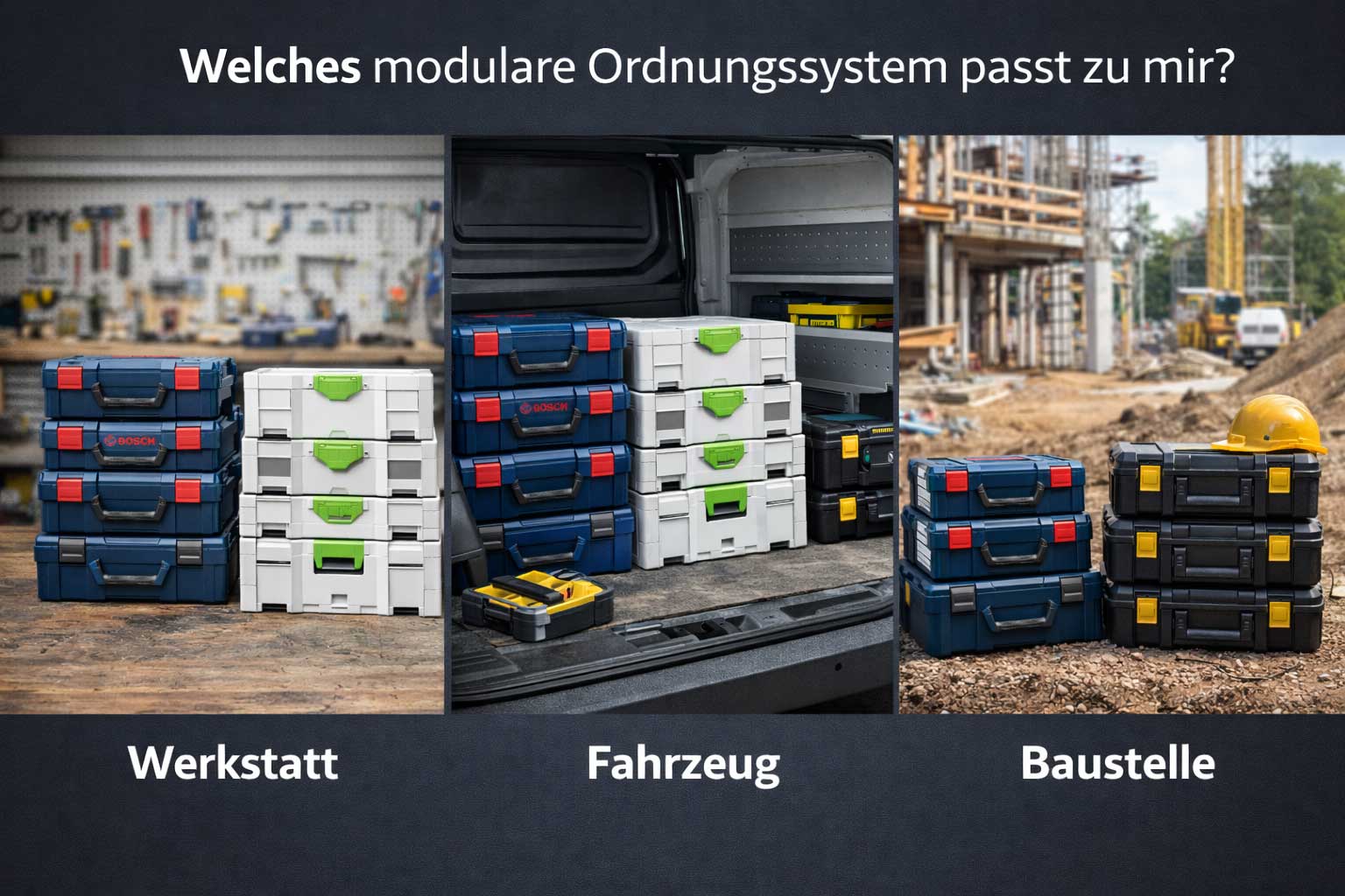Vergleich Einsatzbereiche Werkstatt, Fahrzeug und Baustelle für modulare Ordnungssysteme
