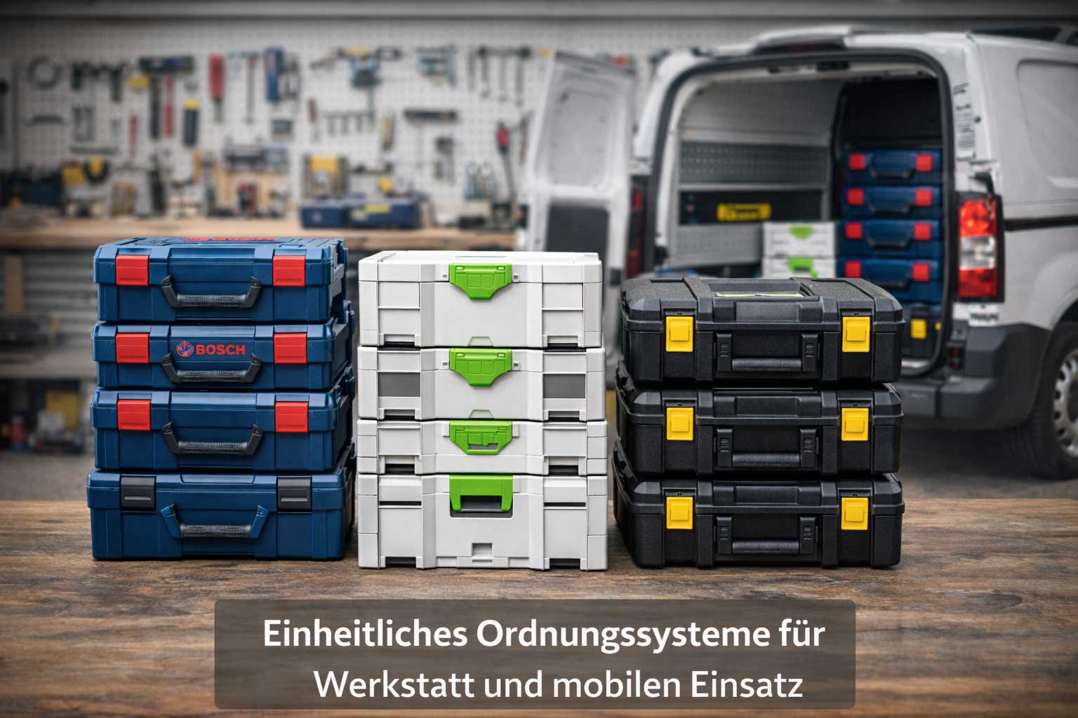 Aufgeräumte Werkstatt mit einheitlichem modularen Ordnungssystem