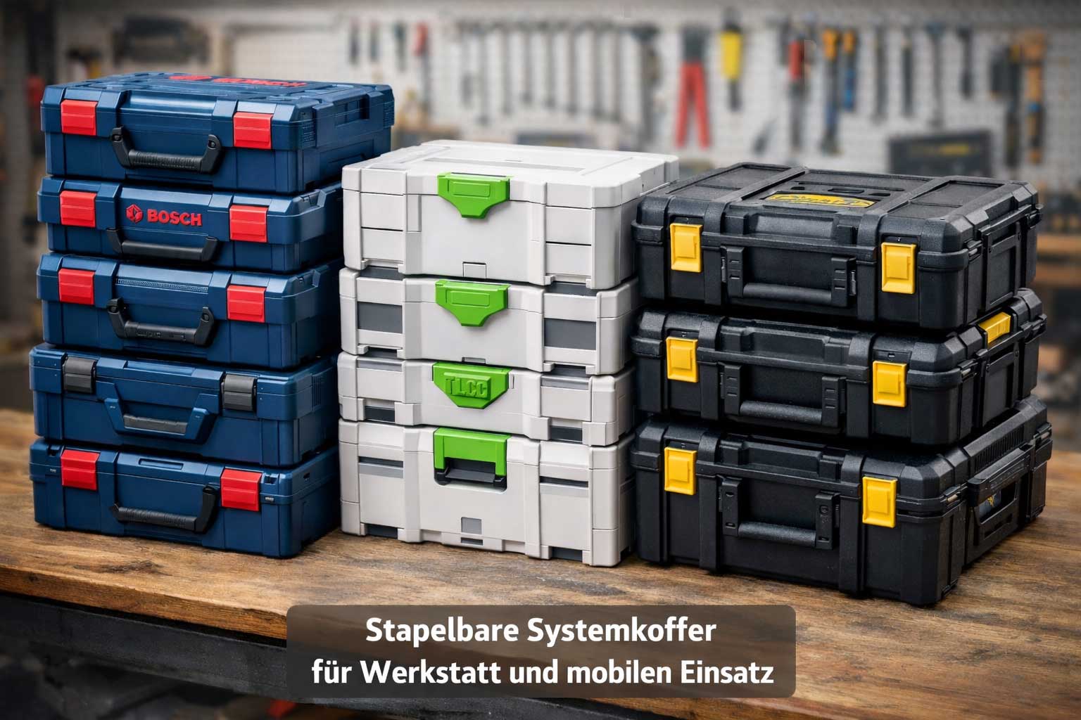 Gestapelte modulare Werkzeugboxen mit einheitlichem Verriegelungssystem