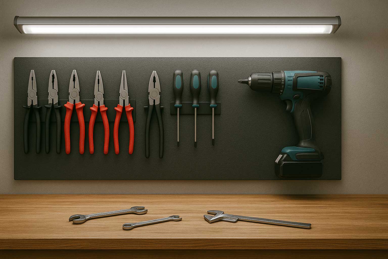 Gut ausgeleuchtete Werkbank mit LED-Panels und Arbeitsleuchte