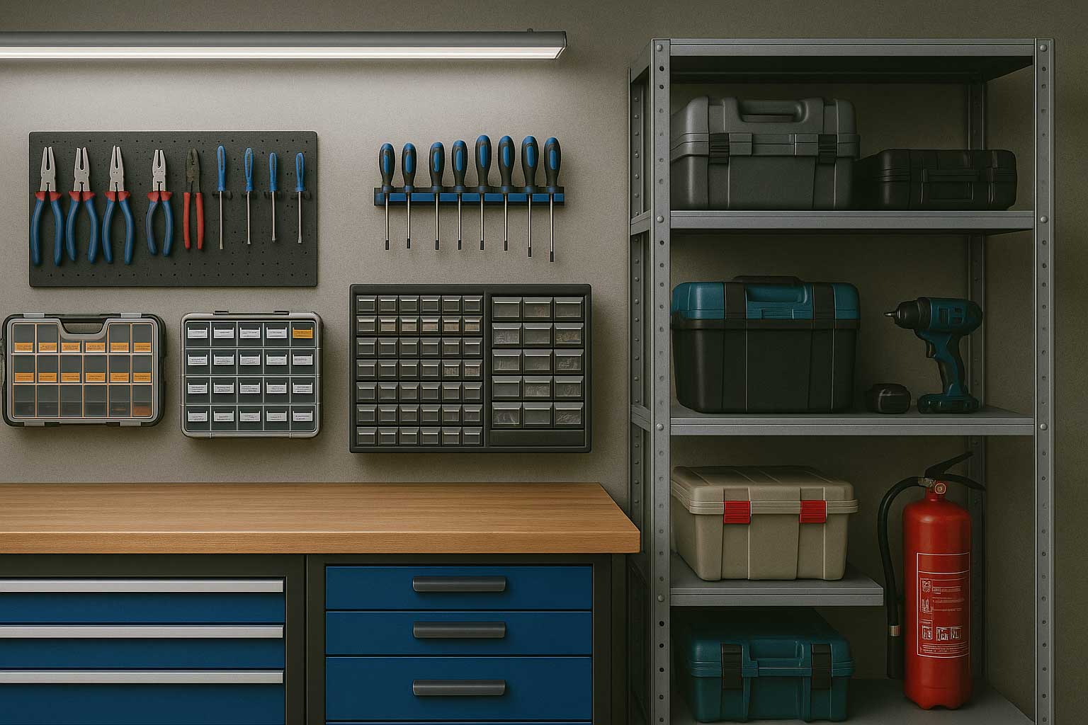 Komplett organisierte Werkstatt mit Regalen, Werkzeugwand und Sortimentskästen
