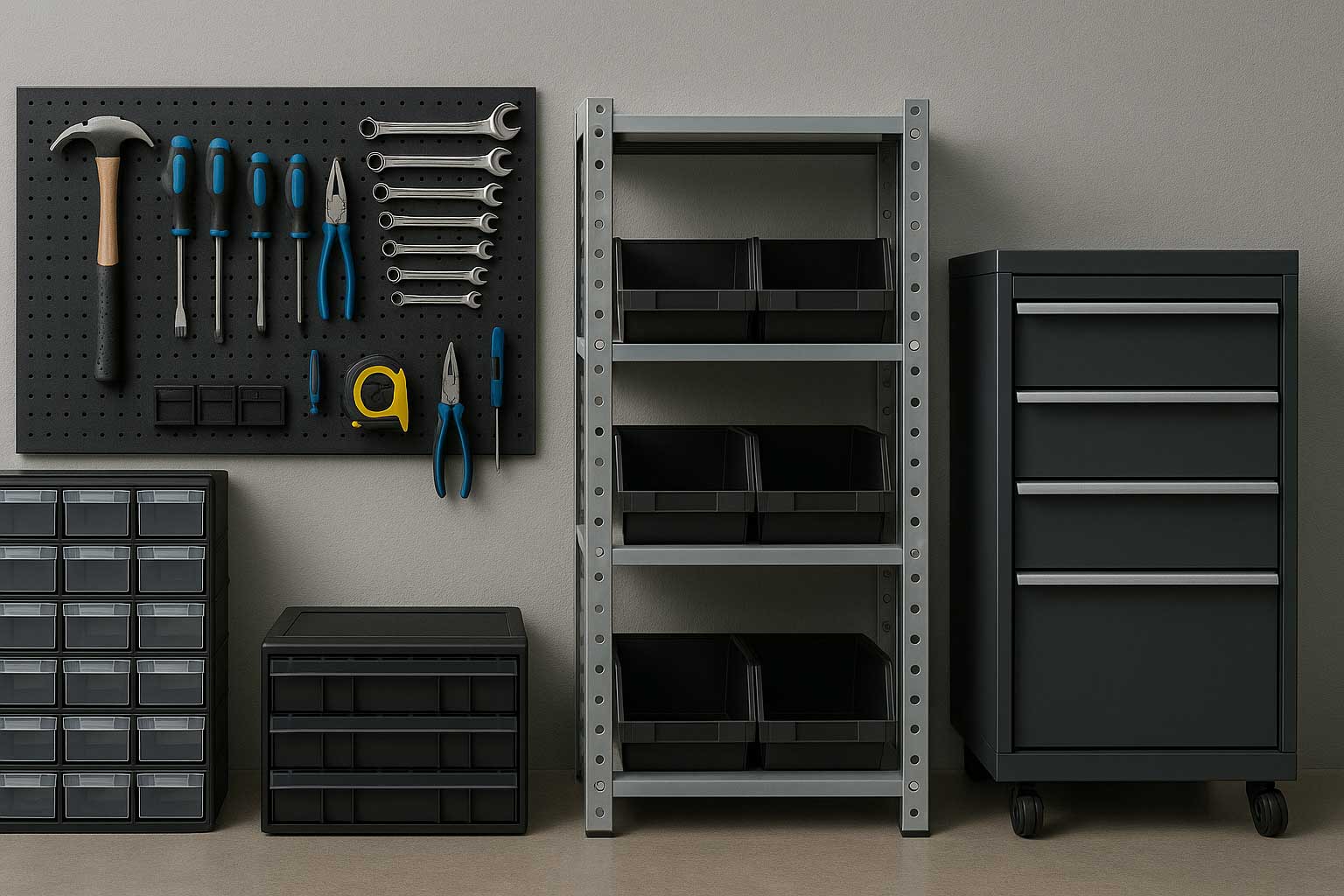 Übersicht aus Werkzeugwand, Sortimentskasten, Regal und Schubladenschrank nebeneinander