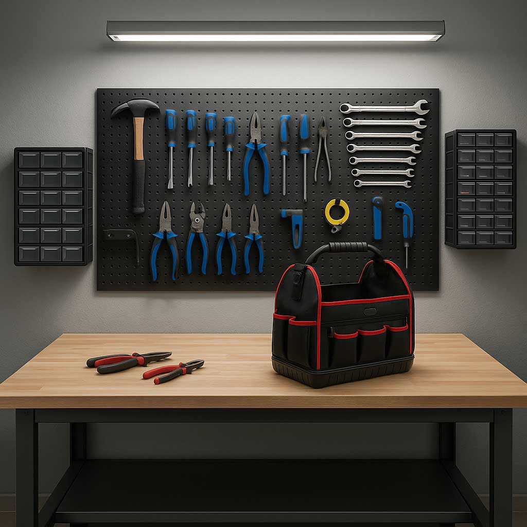 Moderne, aufgeräumte Werkstatt mit Werkzeugwand, Sortimentskästen und Werkbank