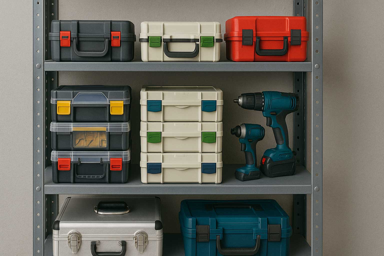 Werkstattregale mit Koffern, Kisten und Maschinen