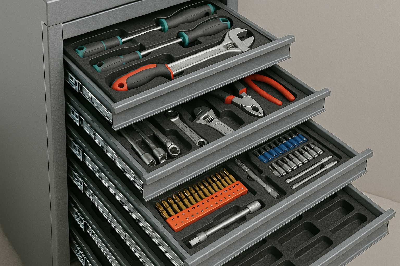 Schubladenschrank aus Metall mit Einsätzen für Werkzeuge