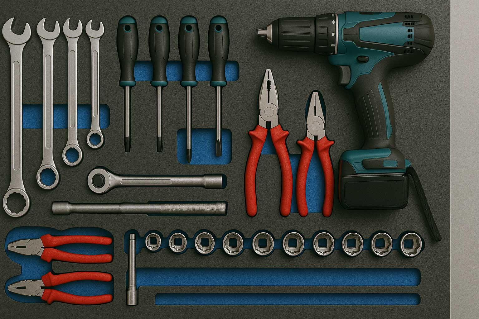 Shadowboard mit Werkzeugkonturen und sauber einsortierten Tools