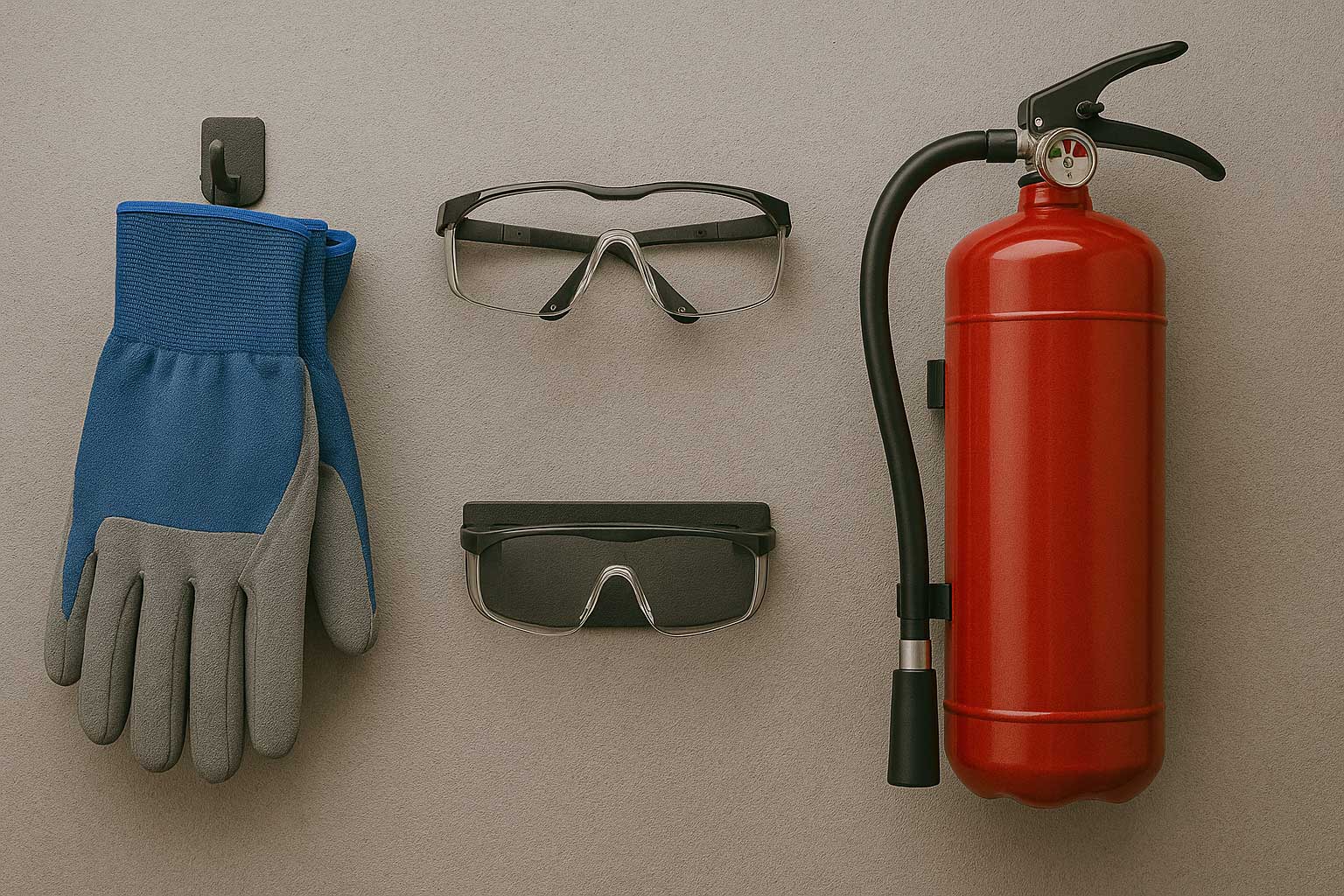 Sicherheitsausrüstung und Feuerlöscher ordentlich an der Werkstattwand montiert