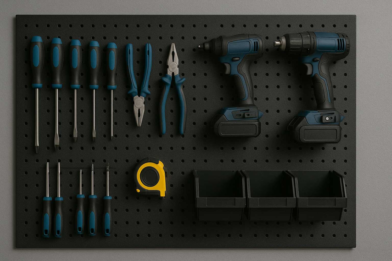 Werkzeugwand mit Zangen, Schraubendrehern und Akkugeräten sauber sortiert