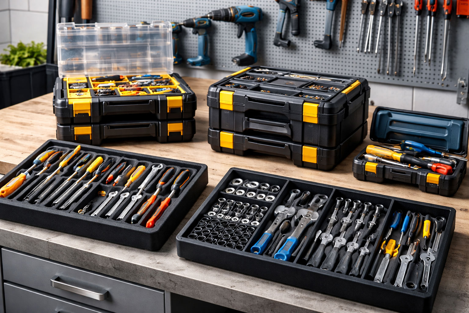 Verschiedene Ordnungssysteme für Werkzeug übersichtlich angeordnet