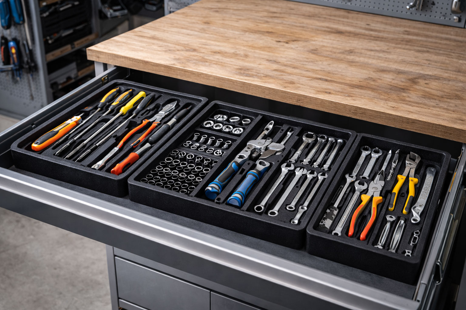 Schubladeneinsätze mit sortierten Werkzeugen