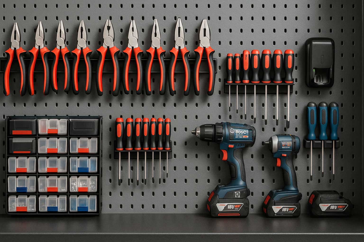 Werkzeugwand mit Haltern für Zangen und Akkugeräte