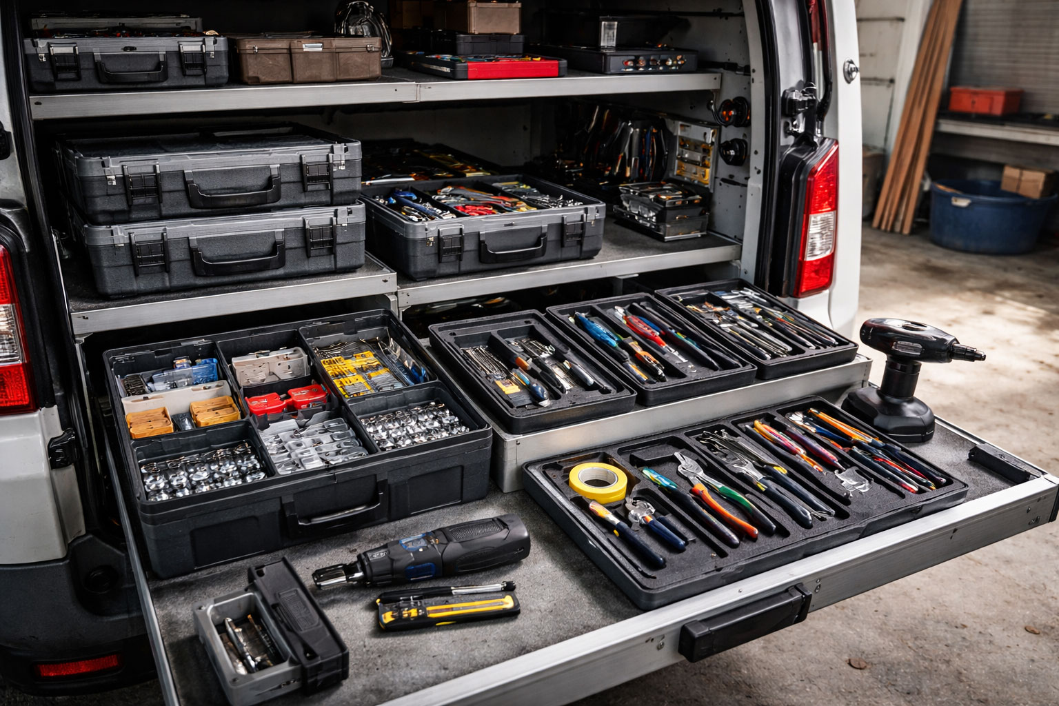 Servicefahrzeug oder Werkbank mit sauber organisierten Systemkoffern, Sortimentskästen und klaren Zonen im Alltag