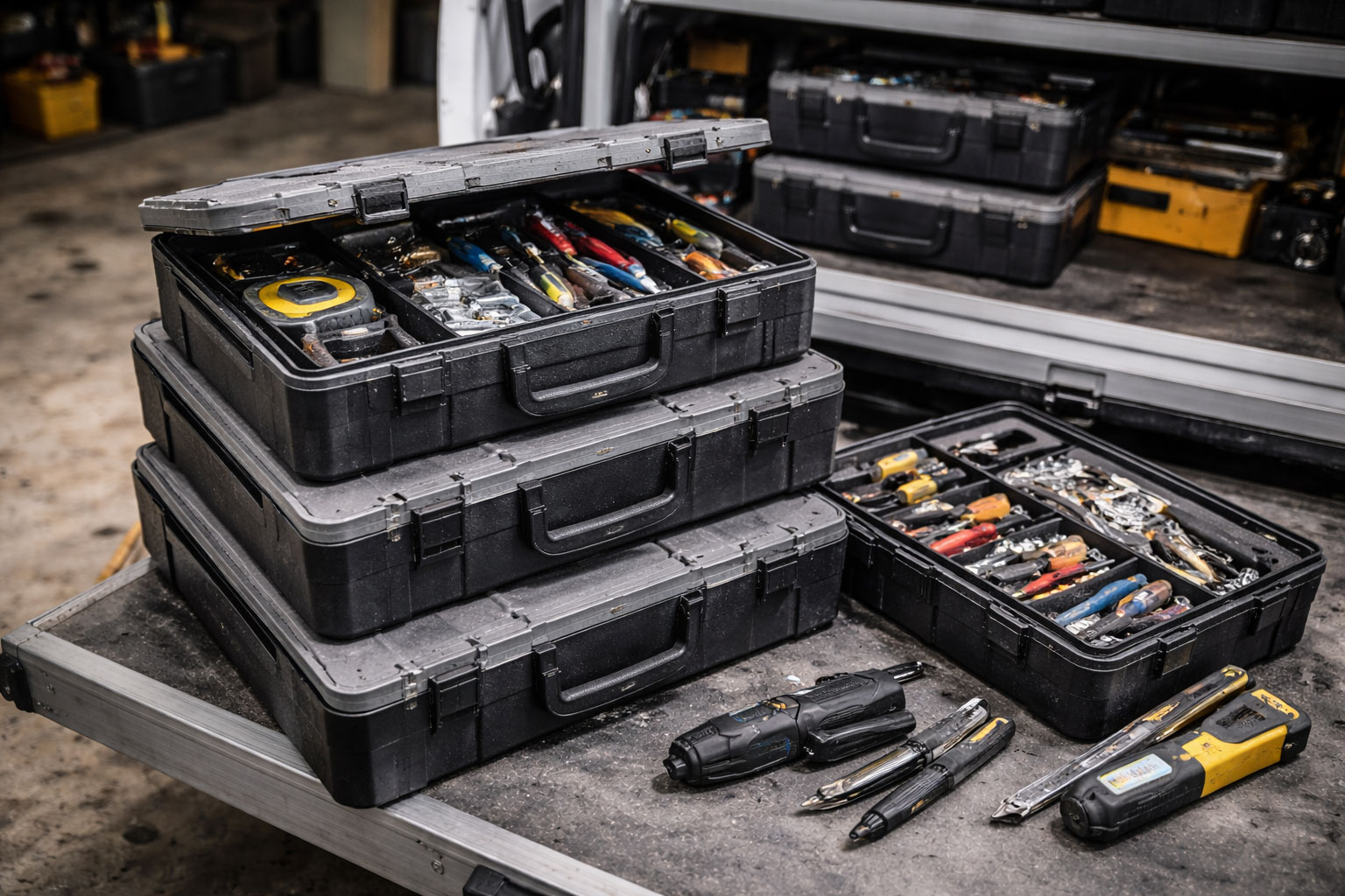 Modulare Boxensysteme im Arbeitsalltag, stapelbar und sichtbar genutzt, nicht gestellt