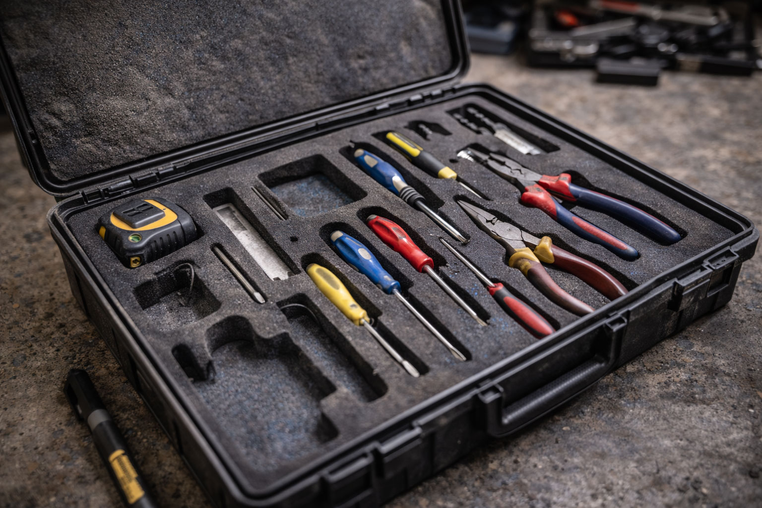 Schaumeinlage mit exakt ausgeschnittenen Plätzen für Kernwerkzeuge, sichtbar genutzt und realistisch