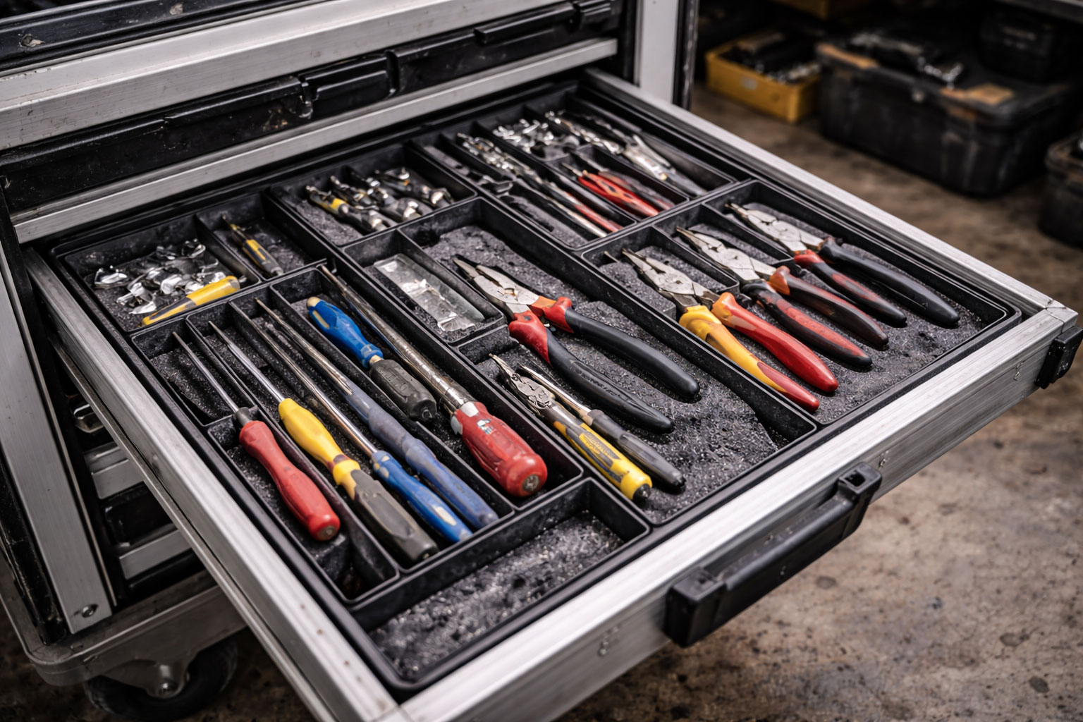 Schubladeneinsätze mit sortierten Werkzeugen in Werkstattwagen, sichtbar genutzt und realistisch