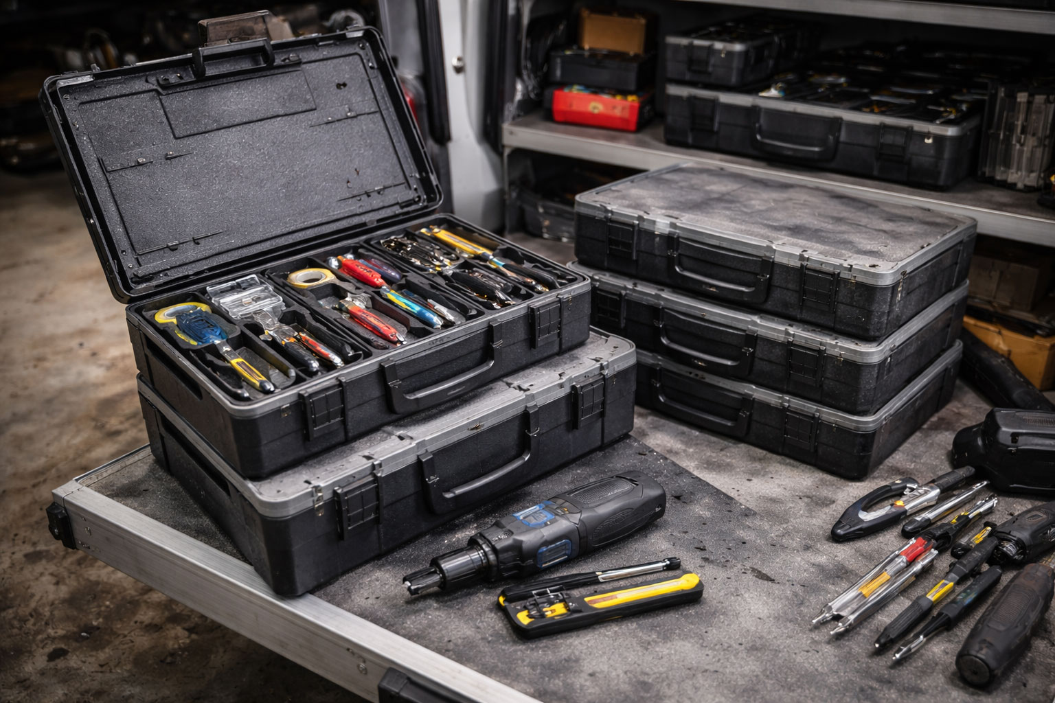 Mehrere stapelbare Systemkoffer als Projekt-Module im Arbeitsalltag, sichtbar genutzt und nicht gestellt