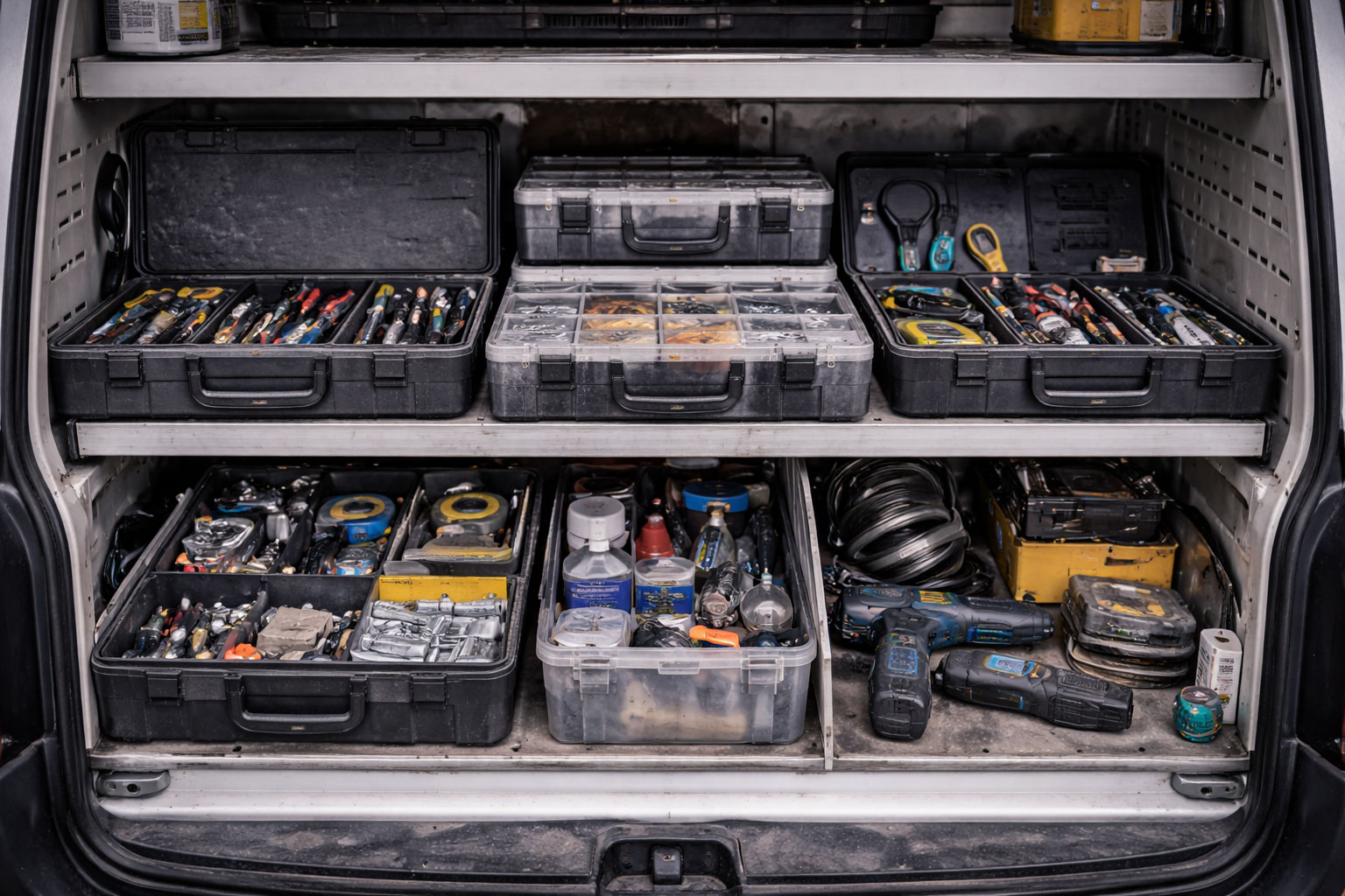 Werkzeug-Organisation mit klaren Zonen im Koffer oder Fahrzeug, sichtbar genutzt und realistisch