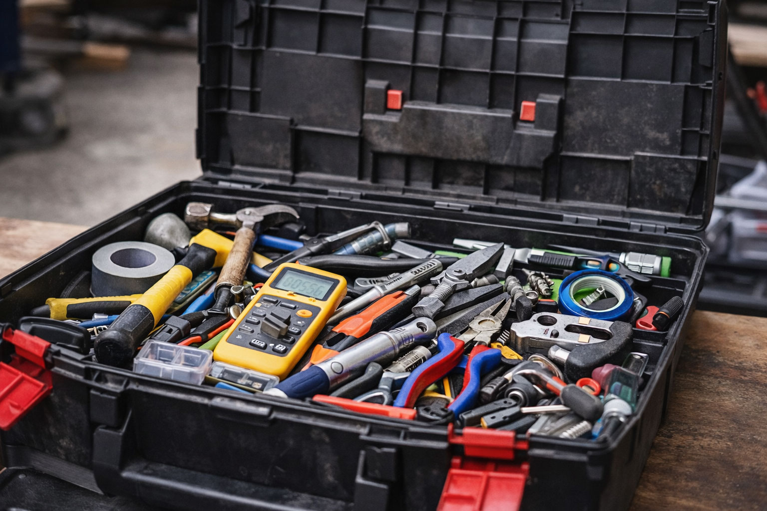 Unordentlicher Werkzeugkoffer mit gemischten Werkzeugen im Arbeitsalltag