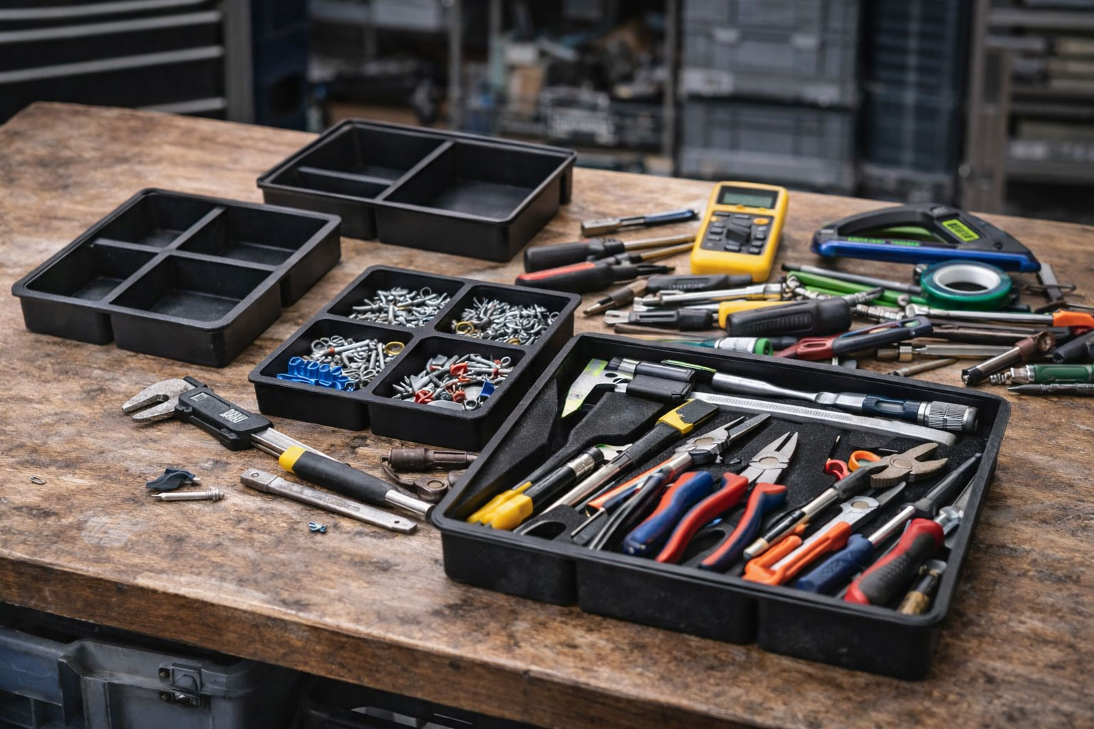Ordnungssysteme und Werkzeuge ungeplant auf Werkbank ausgelegt