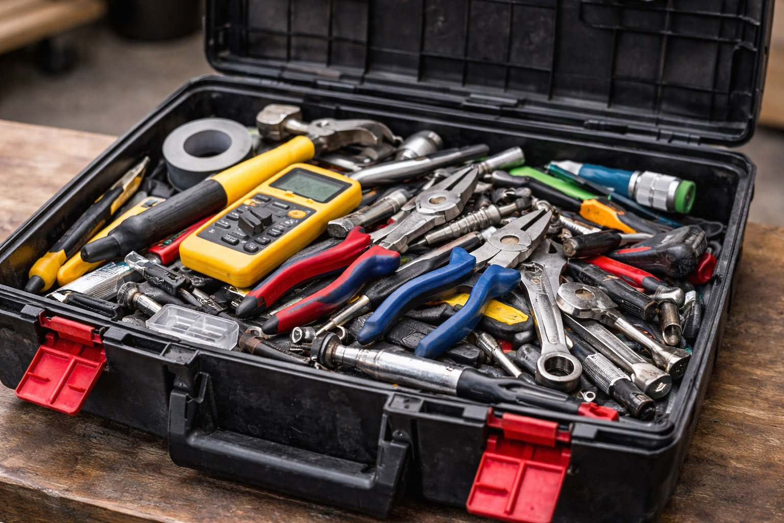Überfüllter Werkzeugkoffer mit verschiedenen Werkzeugen